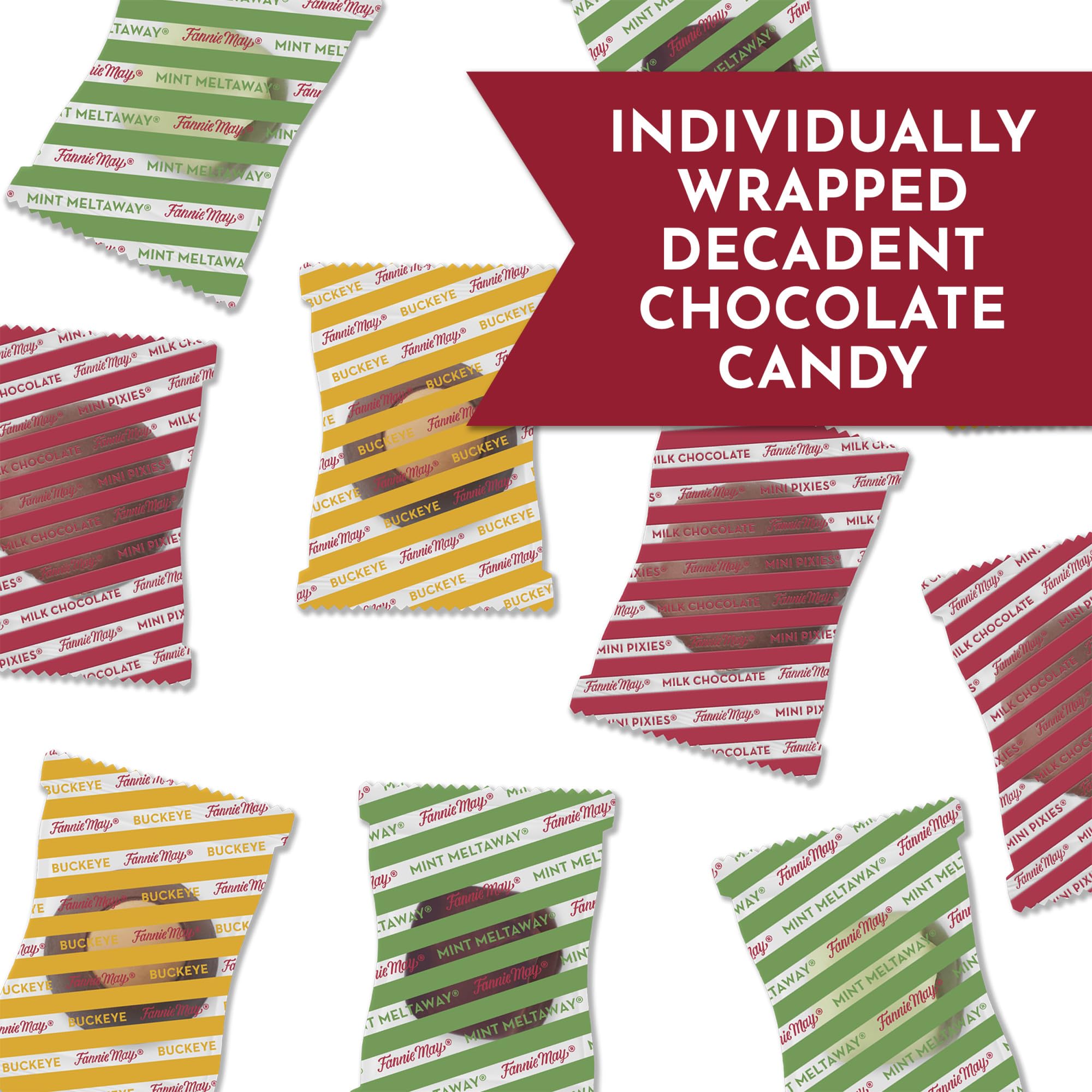 Fannie May Gourmet Chocolate Variety Pack - 6 Bags (25.4 oz) with Milk Chocolate Mini Pixies, Mint Meltaways & Peanut Butter Buckeyes | Premium Holiday Gifts for Christmas, Valentine's Day & Corporate Events | Perfect for Gift Baskets, Party Favors & Chocolate Lovers