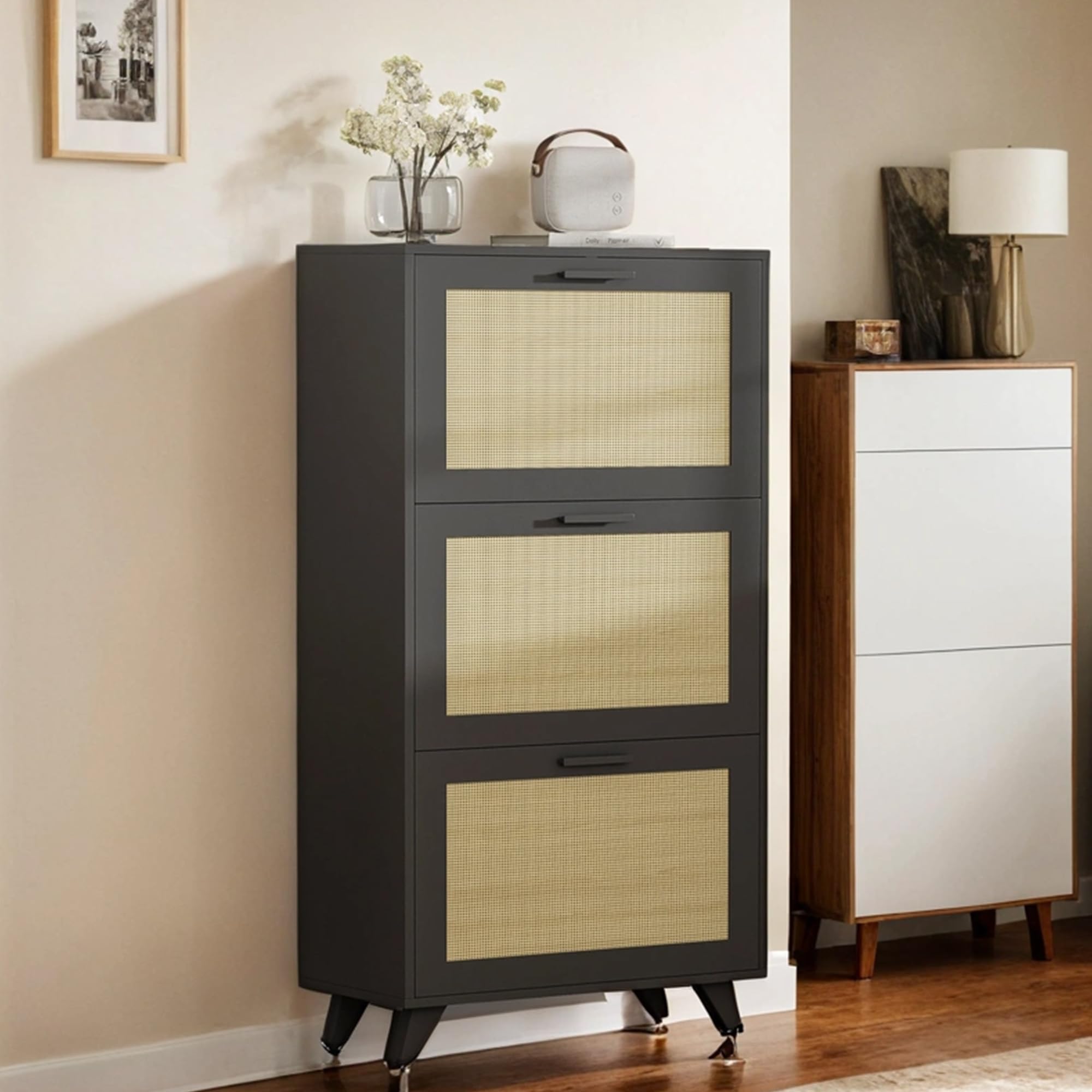 **Anystyle Rattan Black 3-Tier Flip Drawer Shoe Cabinet - Boho Narrow Shoe Storage Organizer for Entryway, Closet & Hallway - Wooden Shoe Rack for Small Spaces, Home & Apartment Decor**