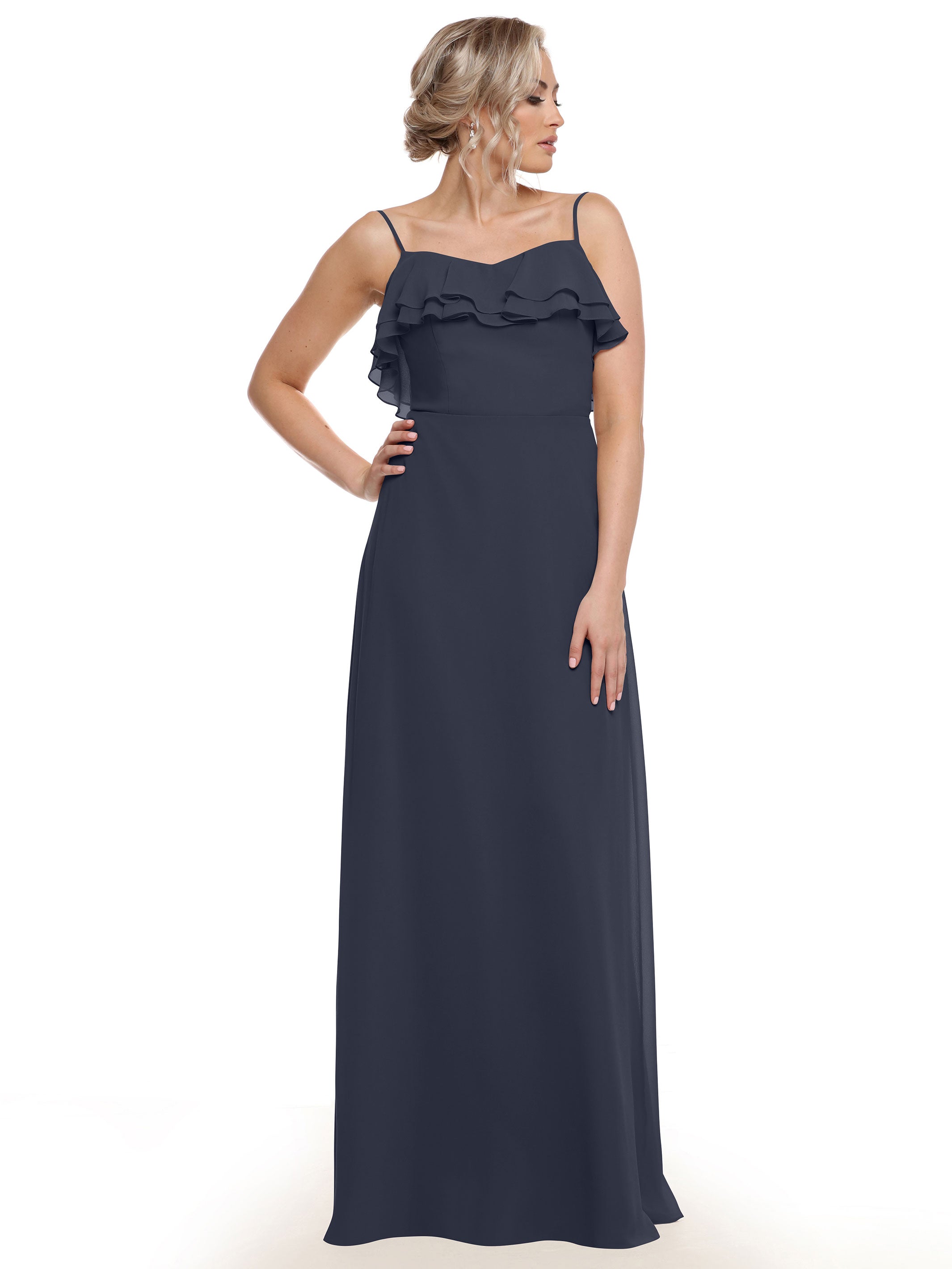 Elegant 80146 Chiffon Bridesmaid Dress with Ruffled Neckline - Perfect for Weddings, Formal Events & Special Occasions