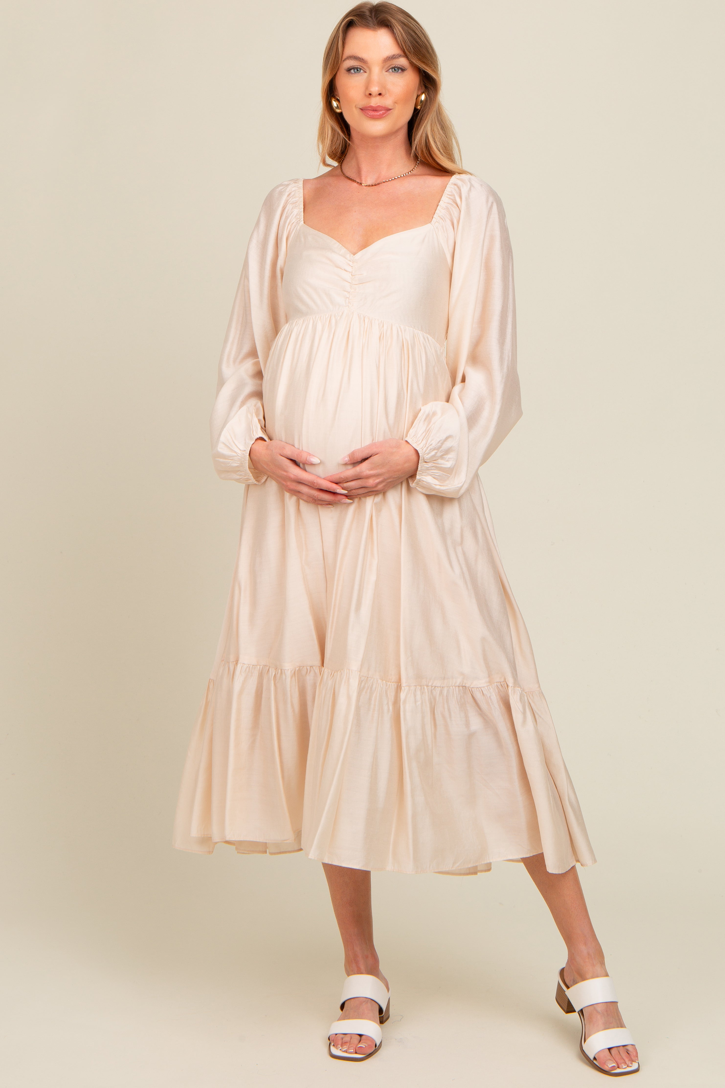 Beige Front Ruched Babydoll Maternity Midi Dress for Pregnancy - Comfortable Stretchy Nursing Dress for Baby Shower, Photoshoot & Special Occasions