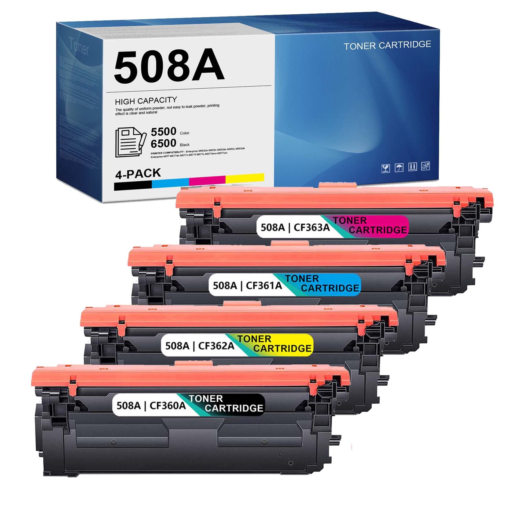 BAGA 508A CF360A CF361A CF362A CF363A Compatible Toner Cartridge Set (4-Pack: 1BK/1C/1M/1Y) for HP Enterprise M553n M553dn M577dn M577f M577cm M552dn Printers - Office & Home Printing Solution
