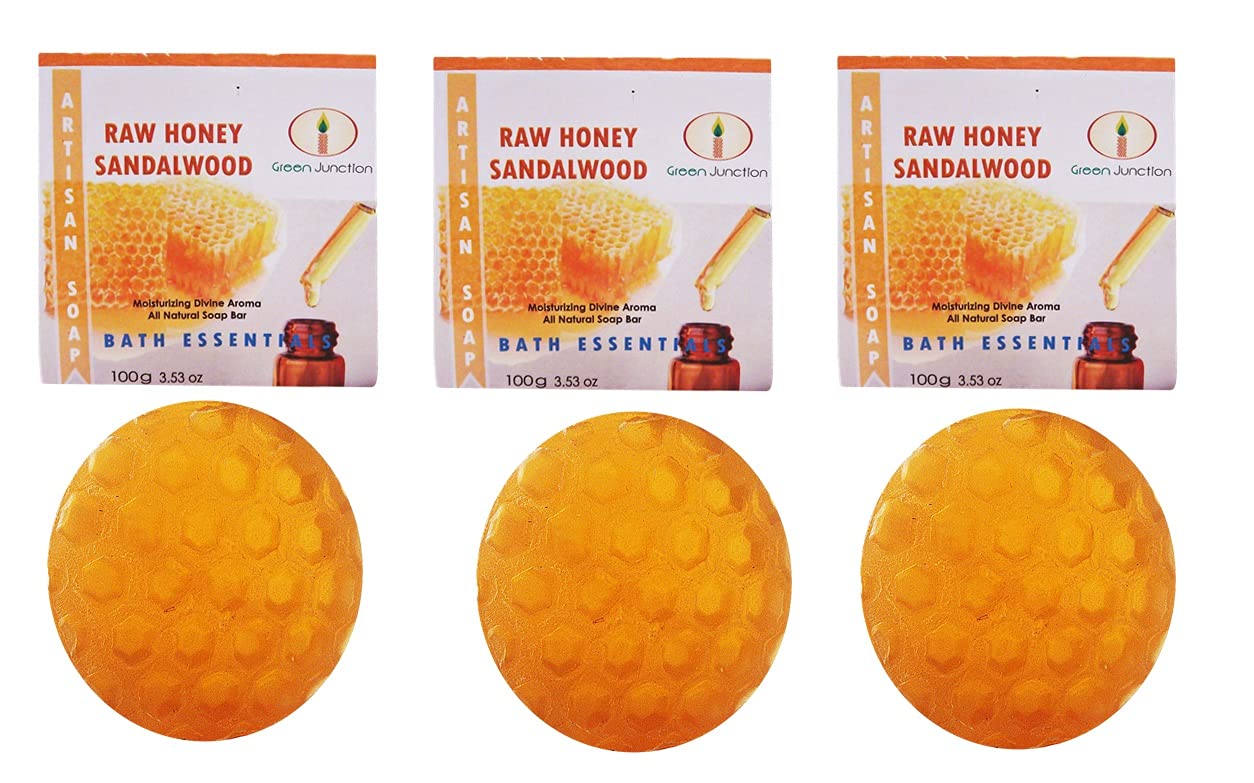 Organic Raw Honey & Sandalwood Soap Bar Set (3 Pack) - 100g Each - Natural Skincare for Dry & Sensitive Skin - Handmade Soap for Face & Body - Eco-Friendly Bath Essentials for Spa & Home Use