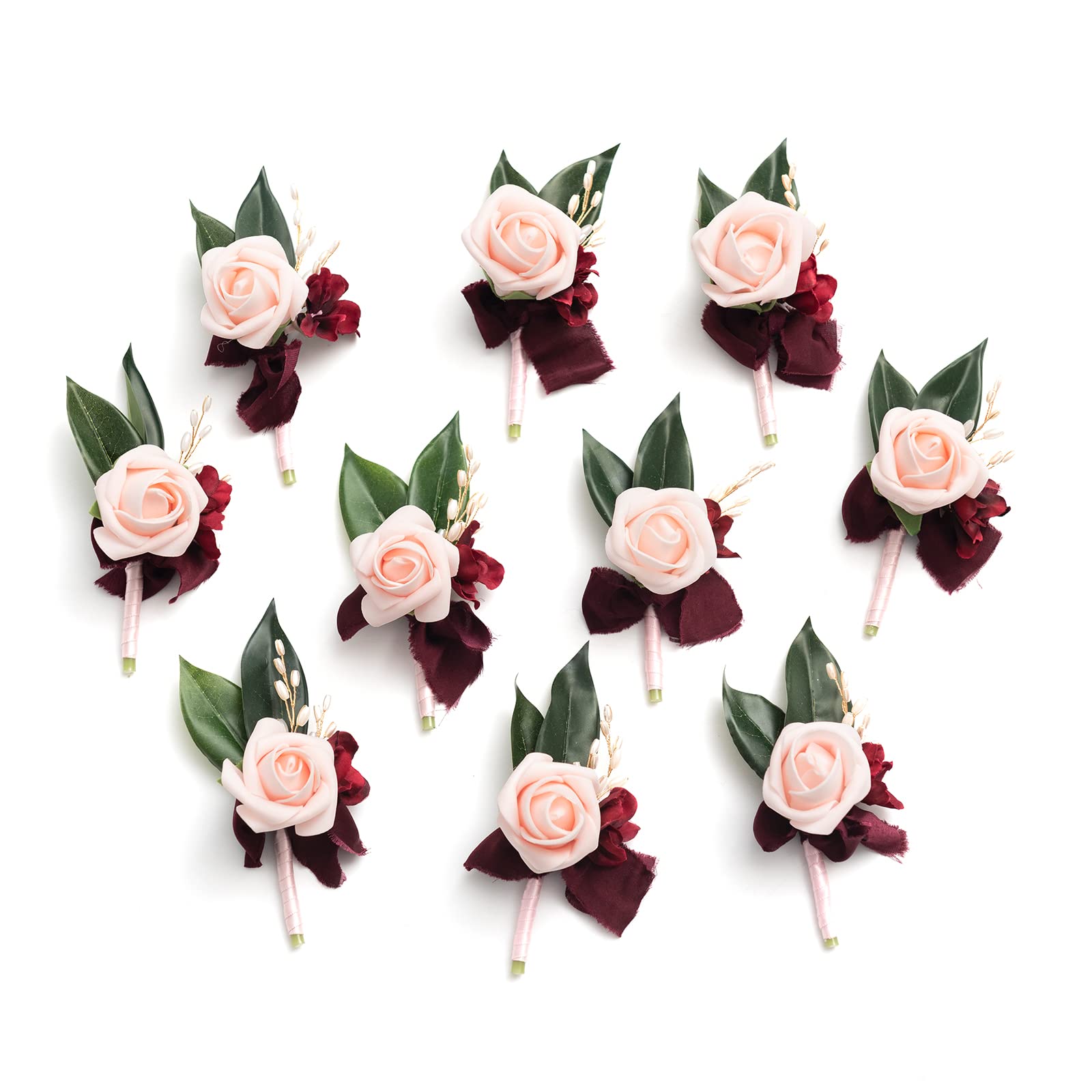 Ling's Moment 10pcs Artificial Flower Boutonnieres for Men - Groomsmen Wedding Boutonniere Set in Red Blush Pink - Perfect for Weddings, Prom, Homecoming & Formal Events