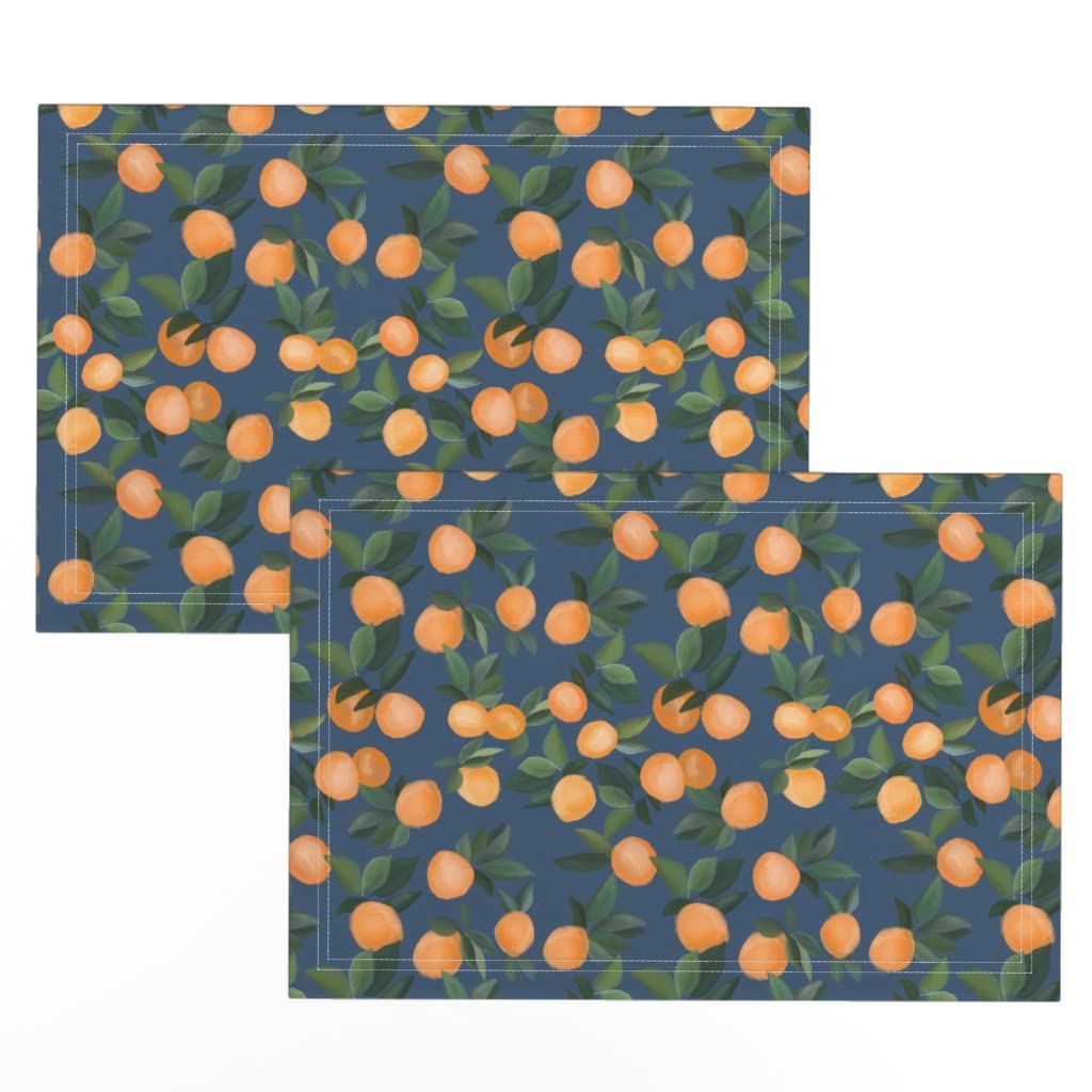 Premium Linen Cotton Canvas Placemats Set of 2 - Navy Blue & Orange Citrus Fruit Print Table Mats for Dining, Kitchen Decor, and Party Settings