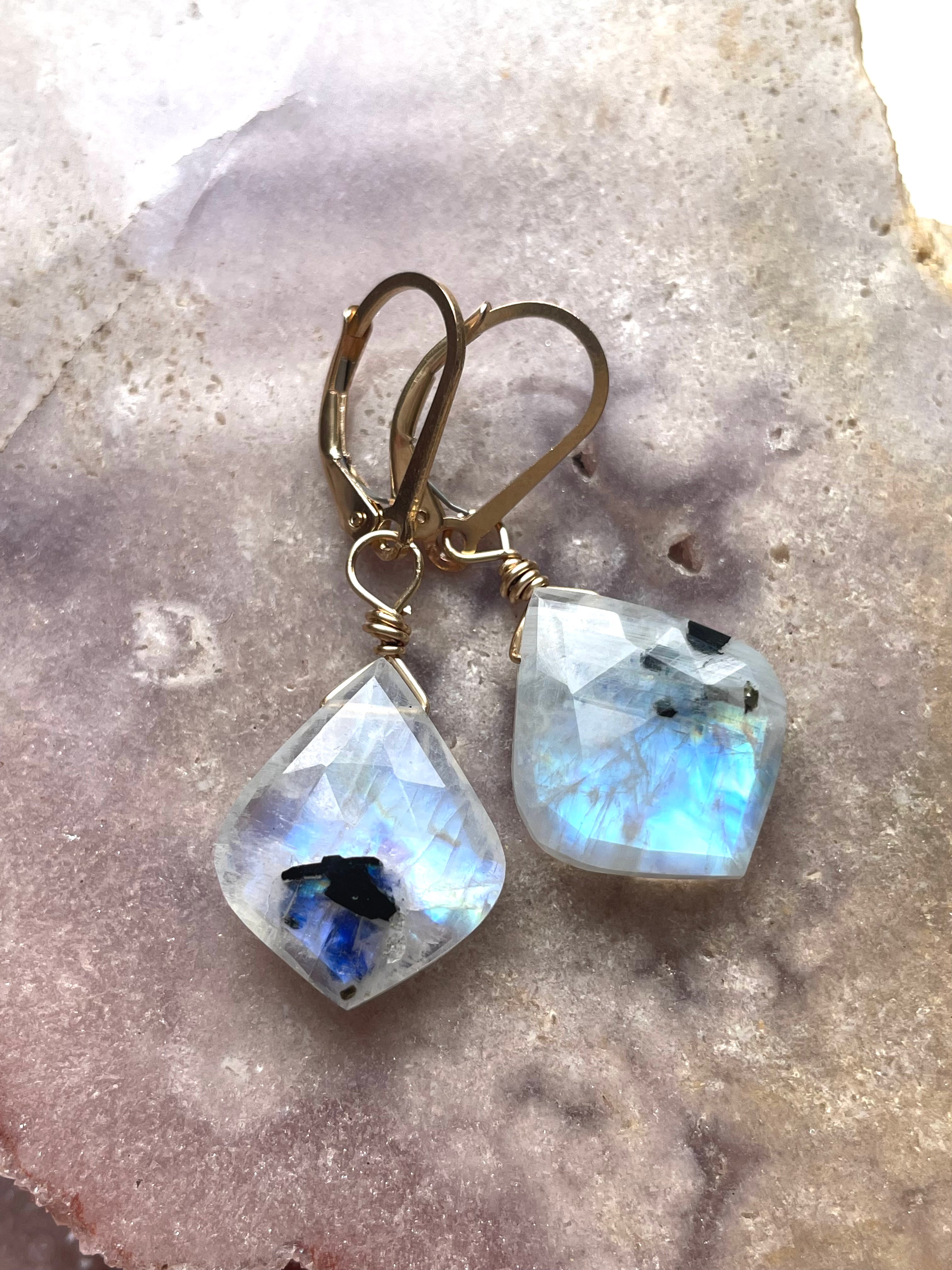 Faceted Rainbow Moonstone Drop Earrings - Gold Filled or Sterling Silver Lever Back - Elegant Dangle Earrings for Women, Perfect for Weddings, Parties & Special Occasions
