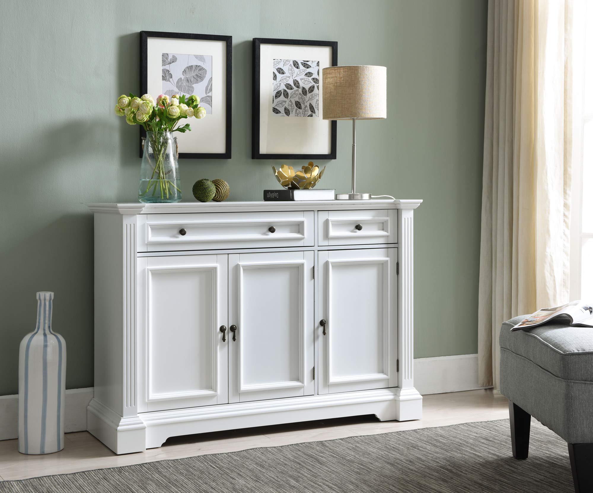 Modern Liam Sideboard Buffet Console Table with Storage Cabinets, Drawers & Shelves - White Wood - Perfect for Dining Room, Living Room & Entryway Storage