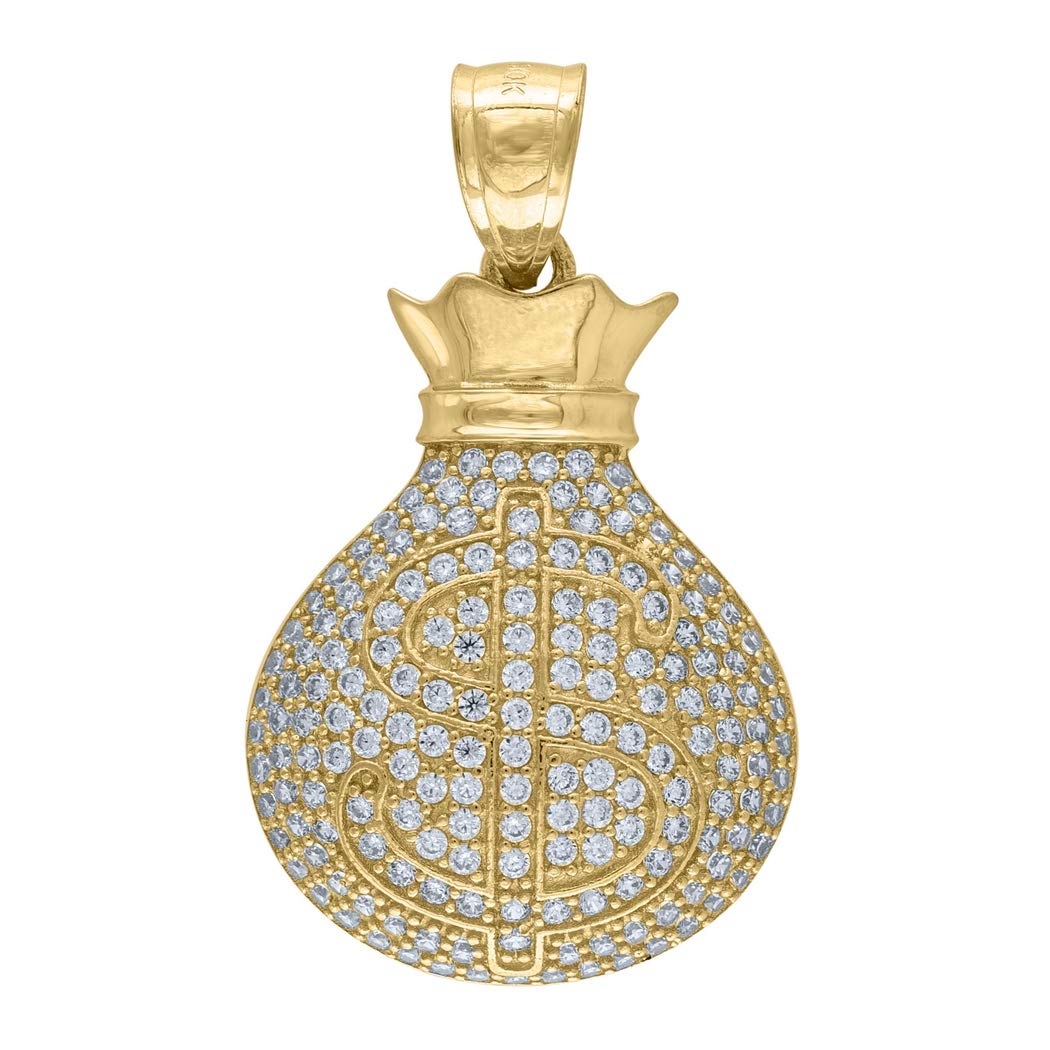 10K Yellow Gold Men's Cubic Zirconia CZ Dollar Sign Money Bag Charm Pendant Necklace - 32.4x18.30mm - Perfect for Hip Hop Jewelry, Birthday Gifts for Him, and Luxury Men's Fashion Accessories