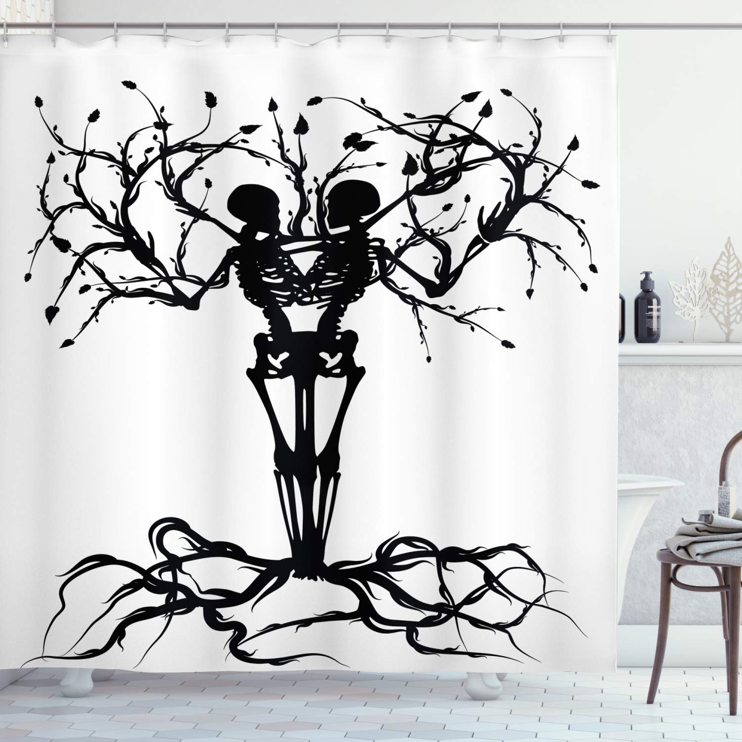 Ambesonne Gothic Halloween Skeleton Shower Curtain - Scary Bones Tree Design with Hooks, 105