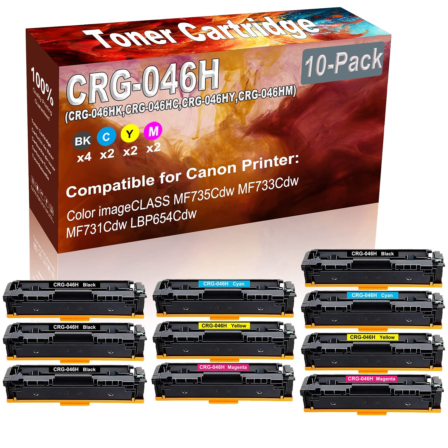 10-Pack (4 Black + 2 Cyan + 2 Yellow + 2 Magenta) High Yield Compatible Toner Cartridge for Canon imageCLASS MF735Cdw Laser Printer - Replacement for CRG-046HK/CRG-046HC/CRG-046HY/CRG-046HM - Perfect for Office Printing, Document Reproduction & High-Volume Color Printing Needs