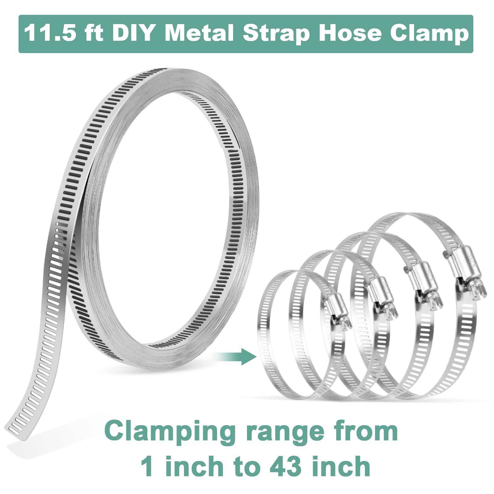 Stainless Steel Hose Clamps Kit - 11.5 Ft Adjustable Worm Gear Clamps with 8 Fasteners for Automotive, Plumbing & HVAC | DIY Pipe Duct Band Clamps Set | Perfect for Car Repair, Home Improvement & Mechanical Projects