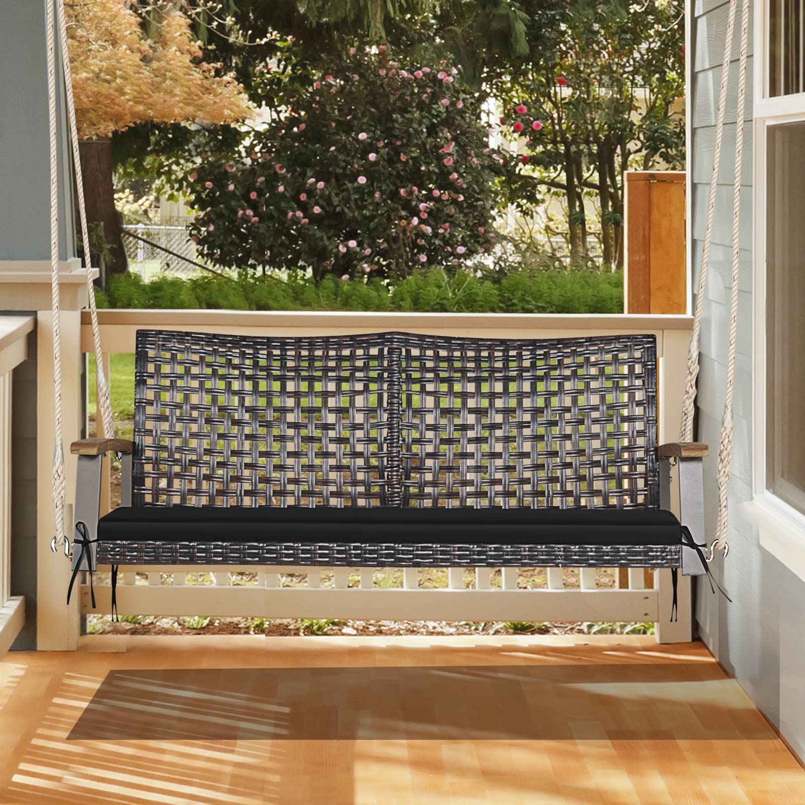 Tangkula 2-Person PE Wicker Porch Swing Bench - Outdoor Hanging Chair with Soft Cushion & Heavy Duty Chains (118