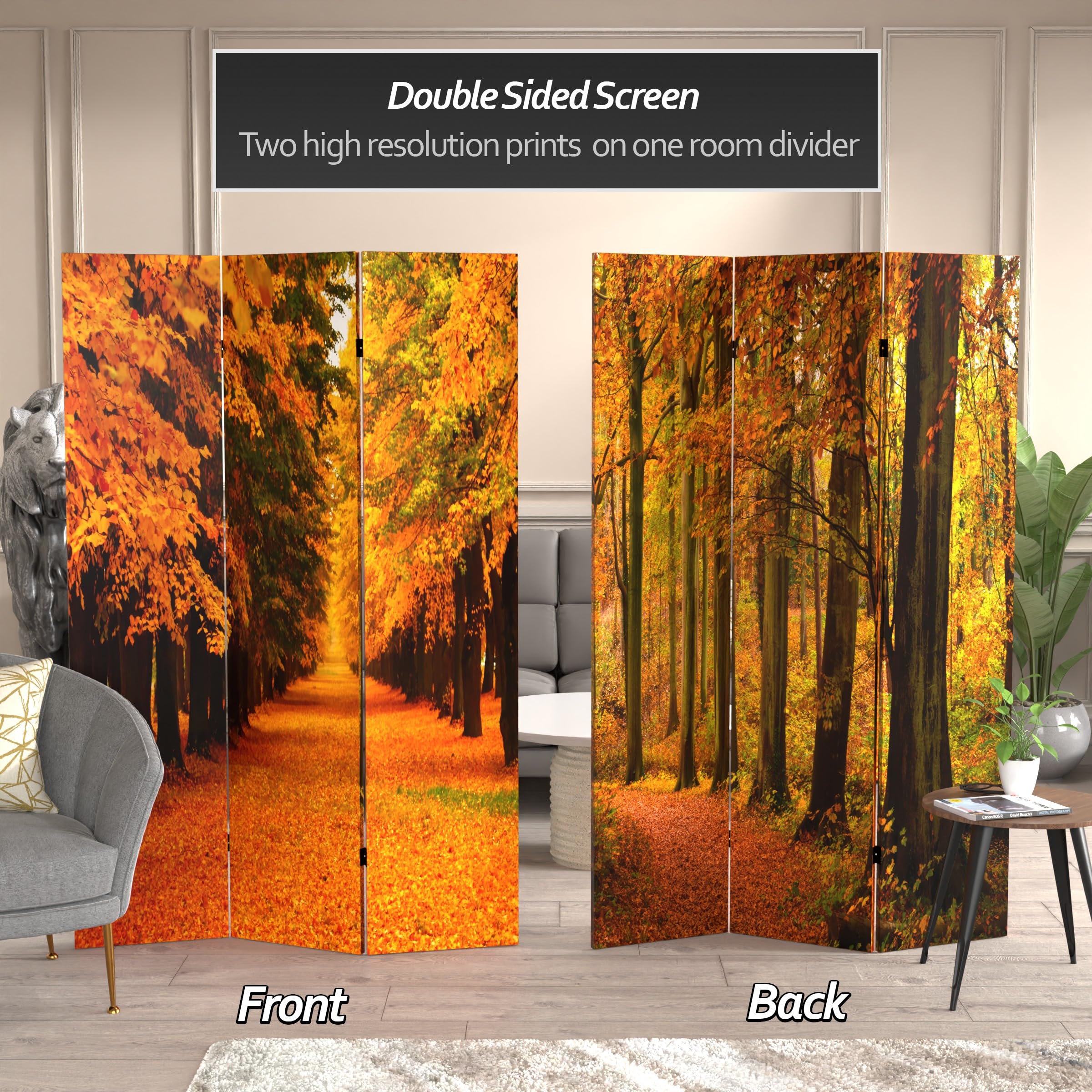 6 ft. Tall Double Sided Autumn Trees Room Divider - 71 Inch Height, 3 Panel Wide Folding Privacy Screen for Living Room, Bedroom, Office & Wedding Decor