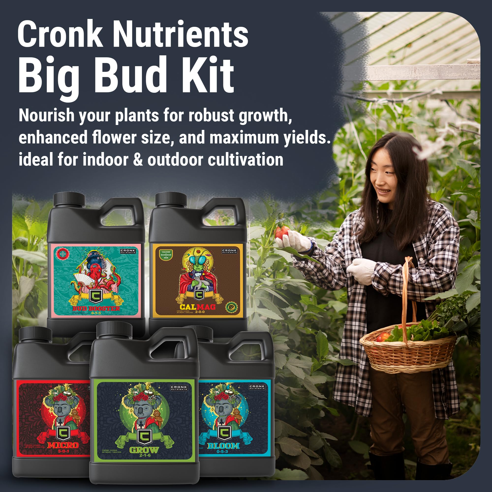 **Cronk Nutrients Big Bud Kit - Complete Plant Nutrient System with Micro, Grow, Bloom, Bud Booster & CalMag - Best Indoor & Outdoor Fertilizer for Robust Growth & Bigger Flowers - 500mL - Ideal for Hydroponics, Soil, and Garden Plants**