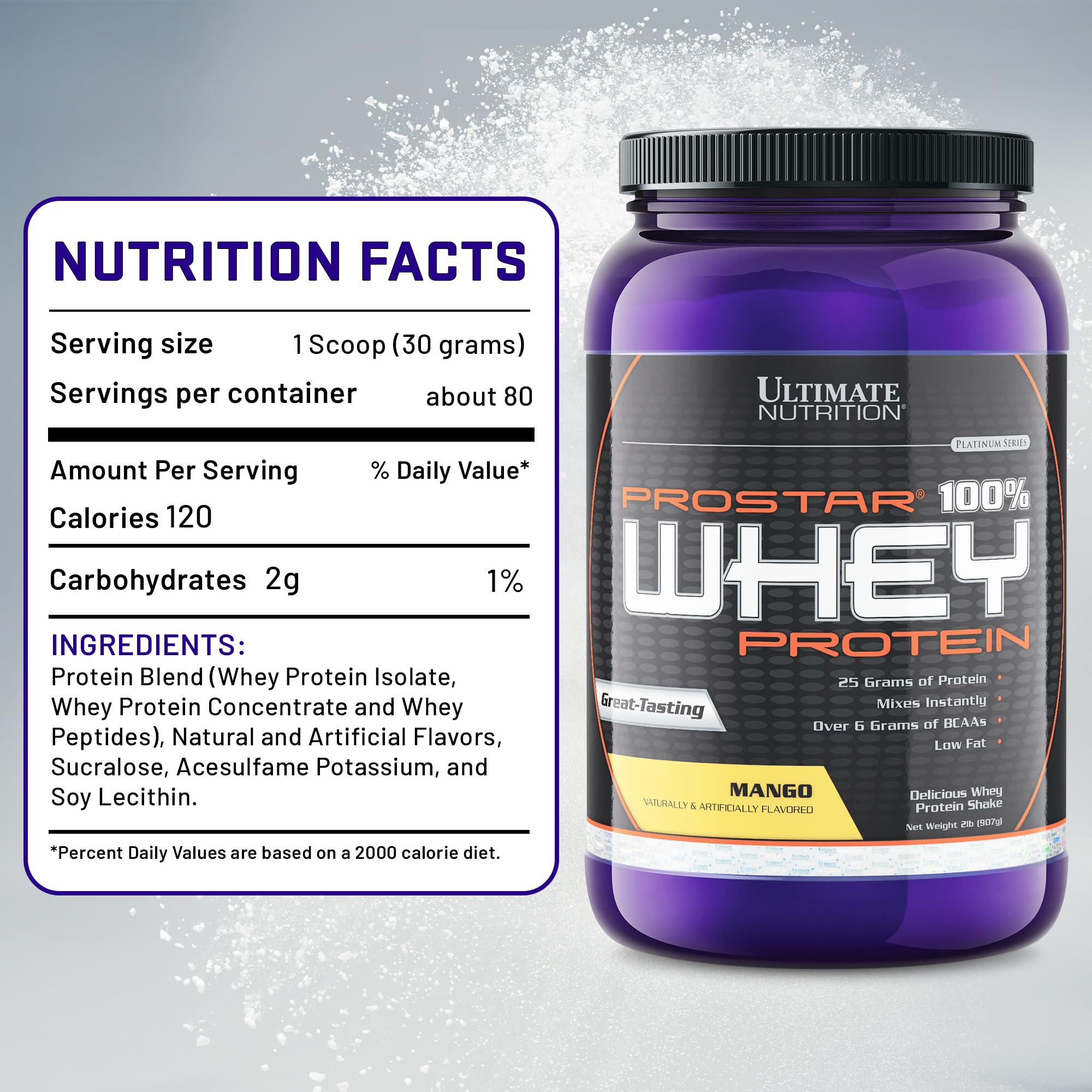 Ultimate Nutrition Prostar Whey Protein Isolate Powder - 2lbs, Mango Flavor | Low Carb, High Protein Shake for Muscle Building & Recovery | Keto Friendly, Low Sodium & Fat | Perfect for Post-Workout & Weight Management