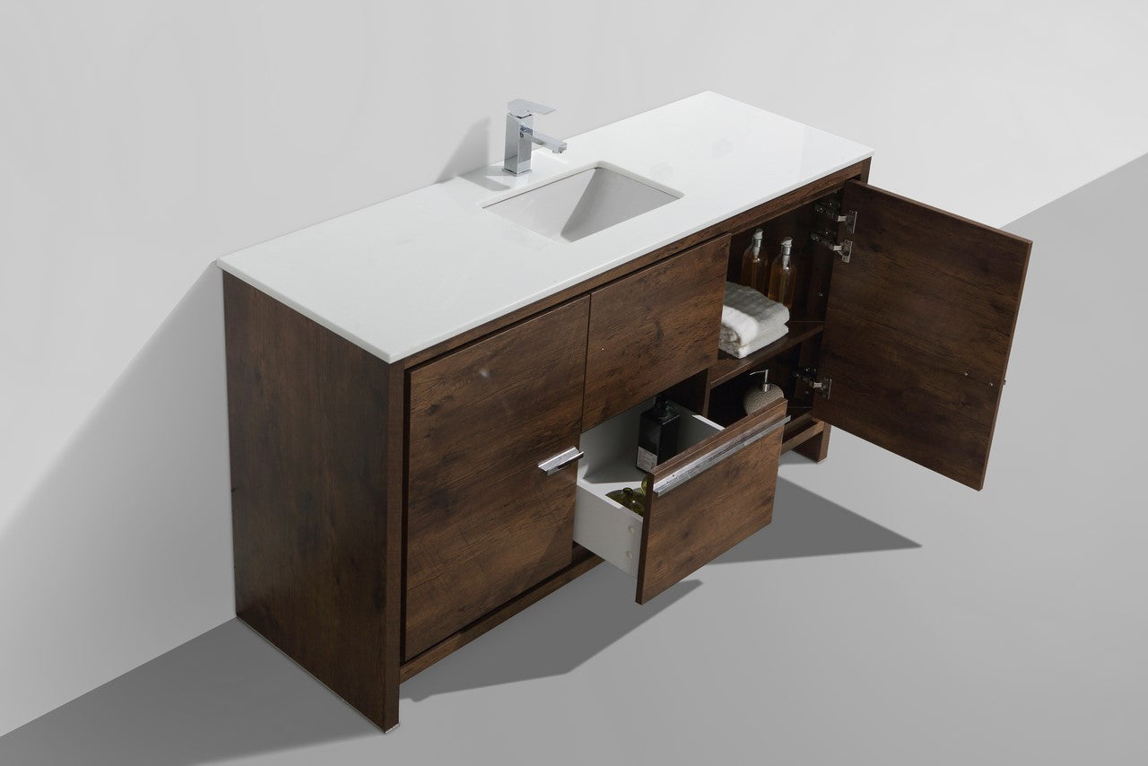 Modern AD60 Single Sink Bathroom Vanity with Rose Wood & Quartz Countertop - Floor Standing Design for Contemporary Bathrooms | Perfect for Master Bath, Guest Bath & Powder Room Renovations