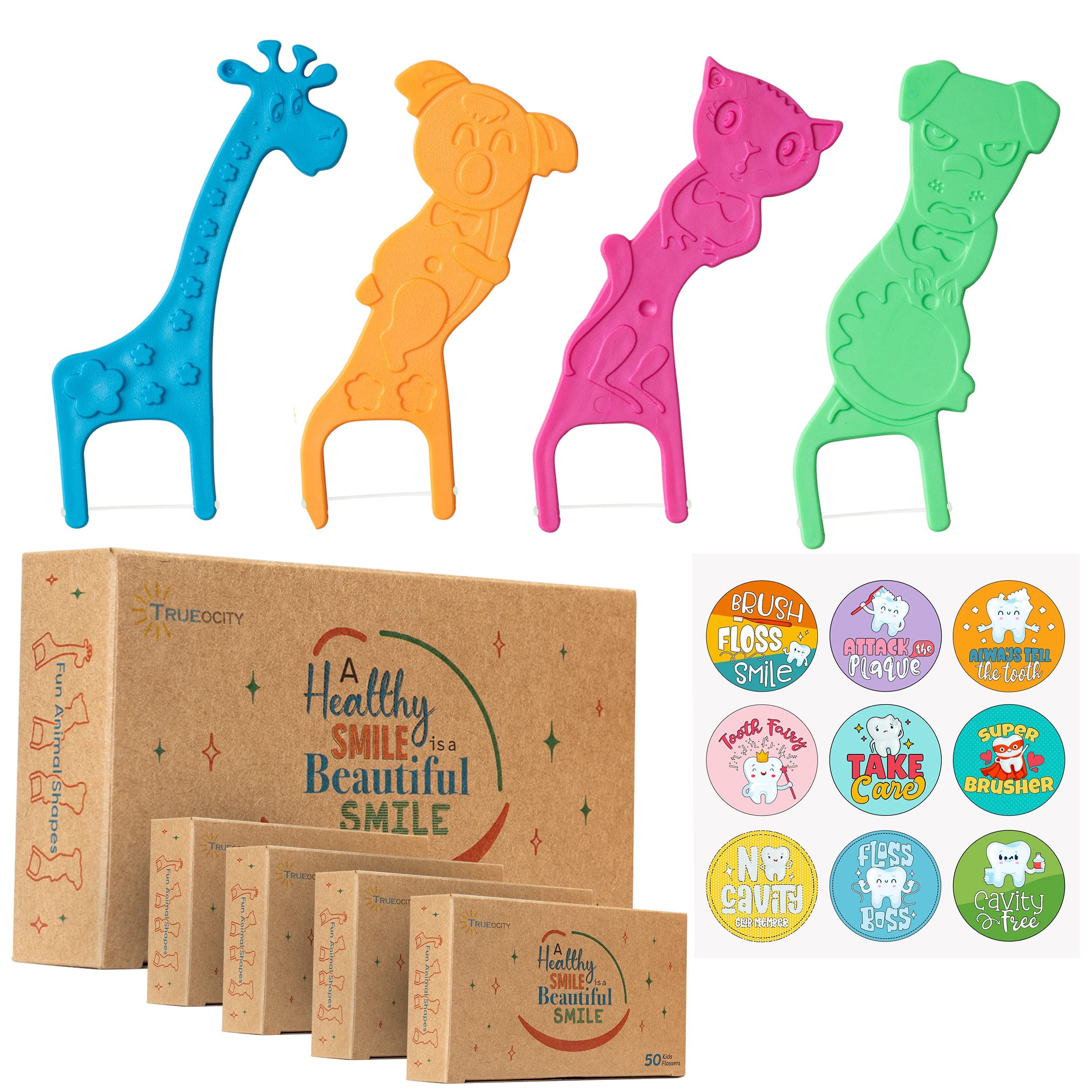 Eco-Friendly Kids Flossers - 200 Pack Biodegradable Dental Floss Picks for Children | Fluoride-Free, Organic Animal Design | Mild Orange Flavor | Perfect for School Lunches & Travel Oral Care