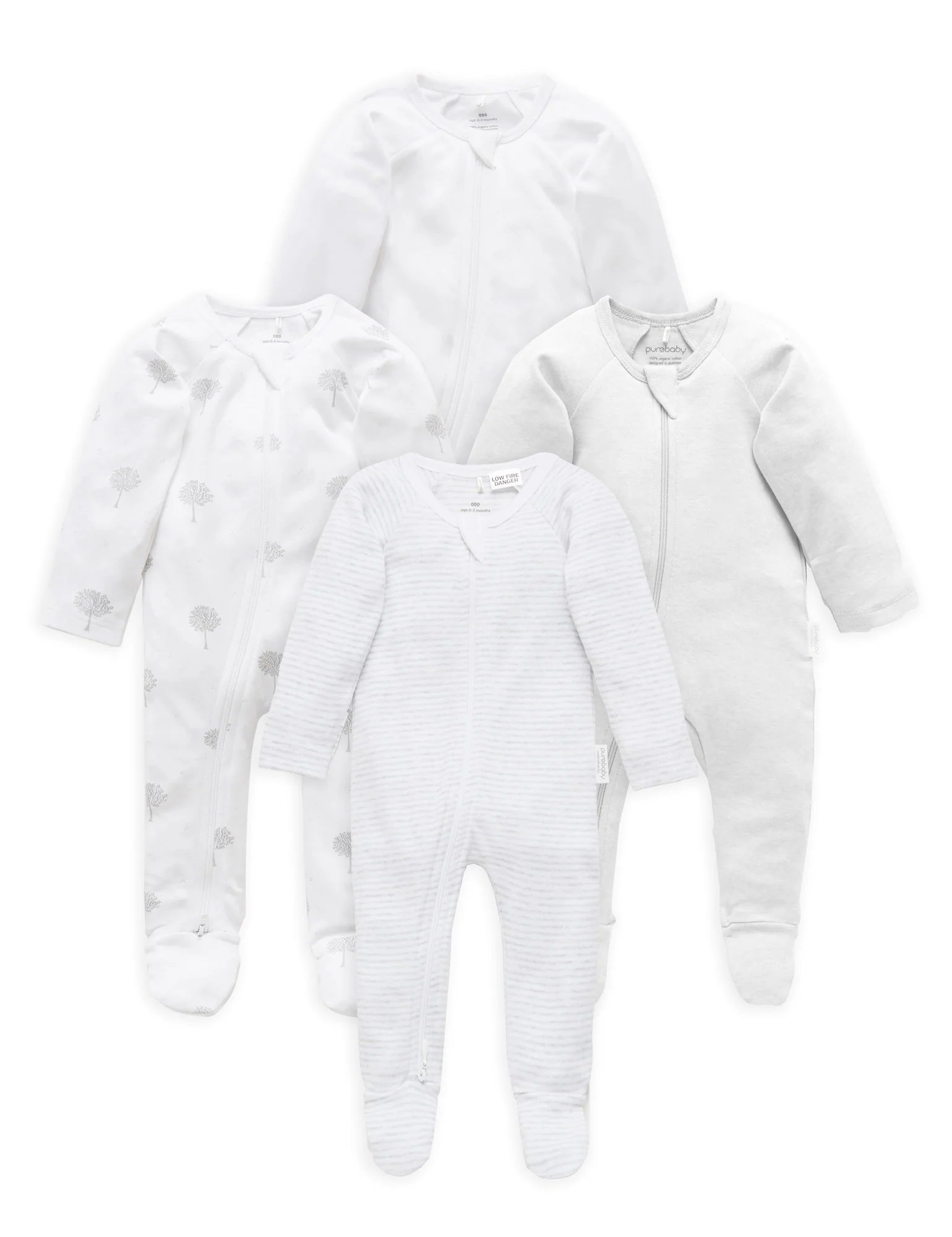 Purebaby Organic Cotton Zip Growsuit 4-Pack - Soft Grey Melange Baby Rompers for Newborns & Infants | Perfect for Daycare, Playtime & Sleepwear