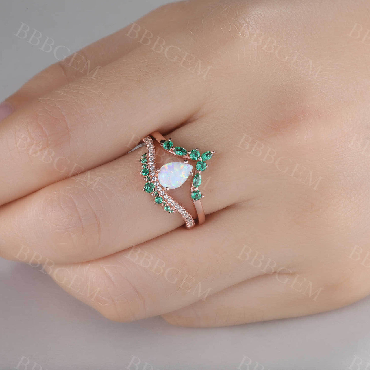 14K Rose Gold Opal Emerald Engagement Ring Set - Unique Stacking Band for Women, Perfect for Anniversaries, Weddings & Special Occasions