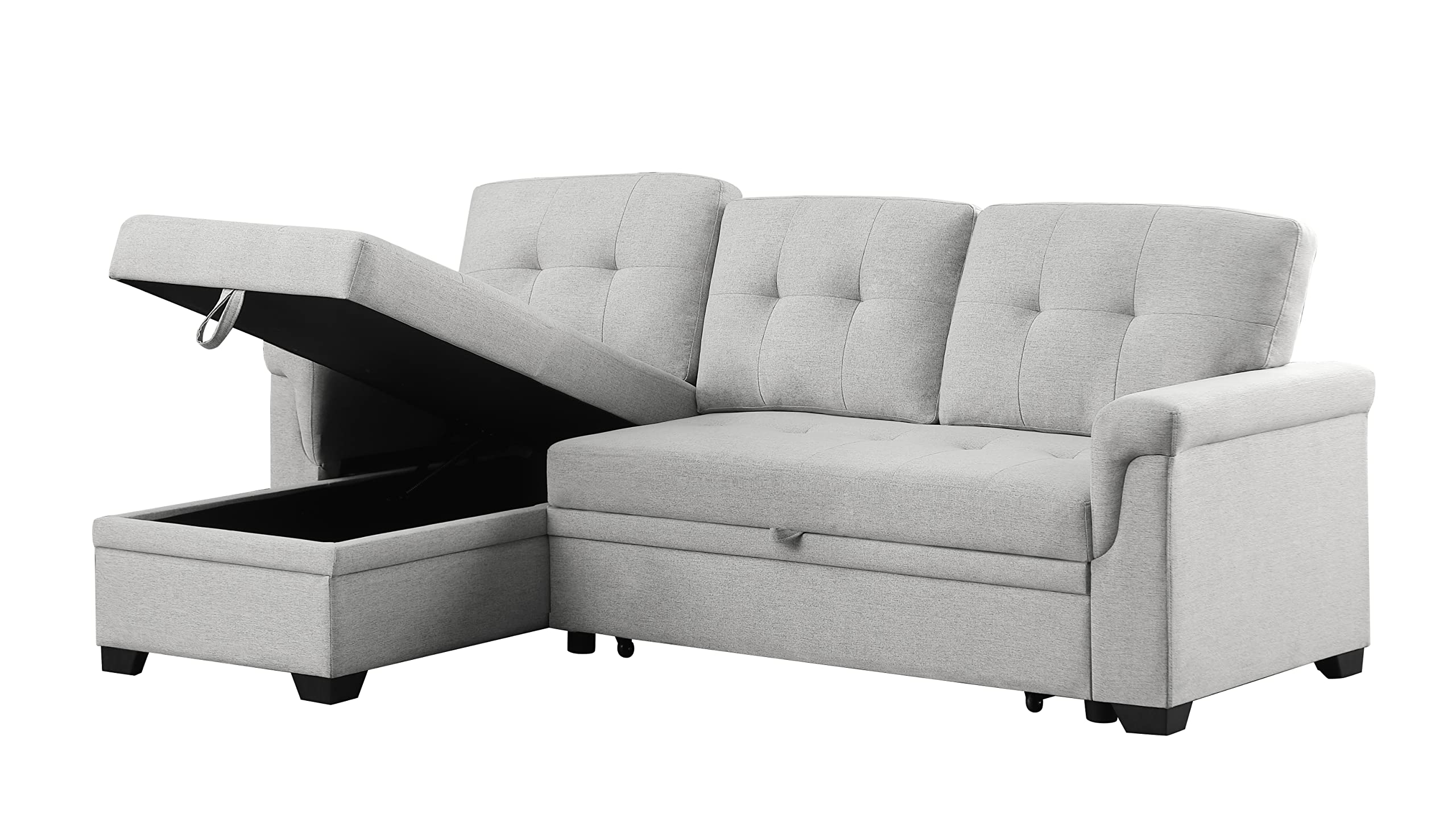 Lilola Home Destiny Light Gray Linen Reversible Sleeper Sectional Sofa with Storage Chaise - Modern Convertible Couch Bed for Small Spaces, Living Room, Apartment & Guest Room