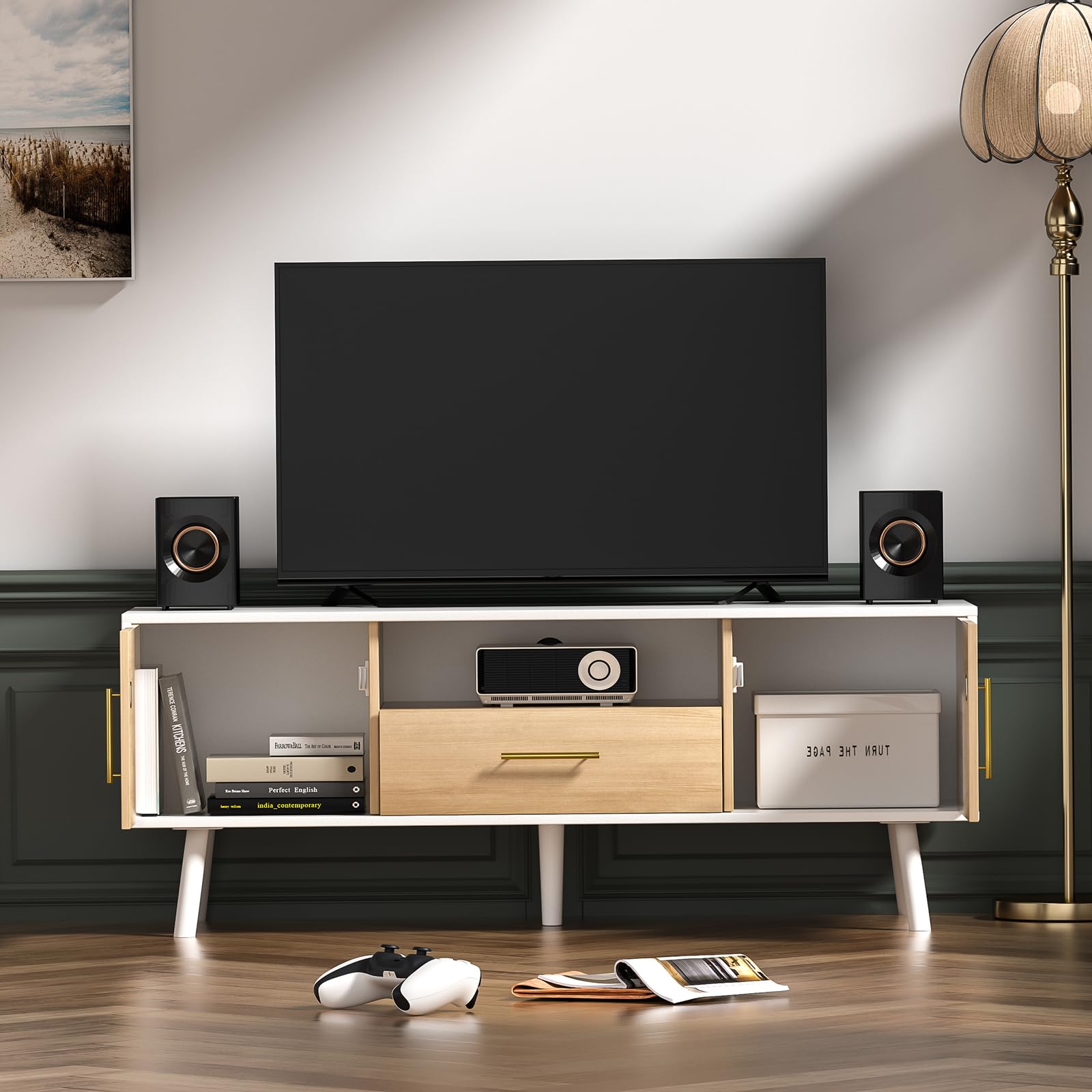 Giluta Modern 55 Inch TV Stand with Storage - White & Oak Finish TV Table, Media Console with Drawers for Living Room & Bedroom - Perfect Entertainment Center for Home Theater Setup