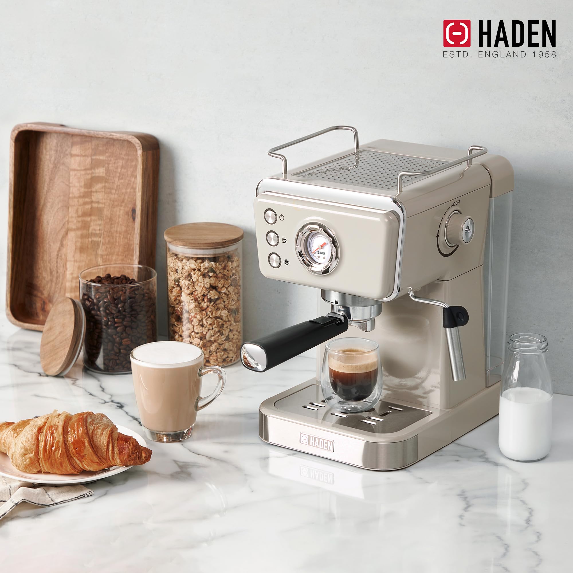 HADEN Barista Brew Espresso Coffee Machine - Stainless Steel Espresso Maker with Milk Frother, Steamer & 1.5L Water Tank (Putty & Copper) - Perfect for Home Baristas, Coffee Shops & Office Break Rooms