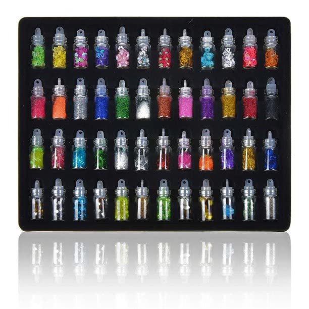 MINTA 48 Pcs Glass Bottles 3D Nail Art Set with Glitter Sequins Rhinestones Beads - Assorted Colors for DIY Nail Design, Manicure, Pedicure & Nail Salon Decor