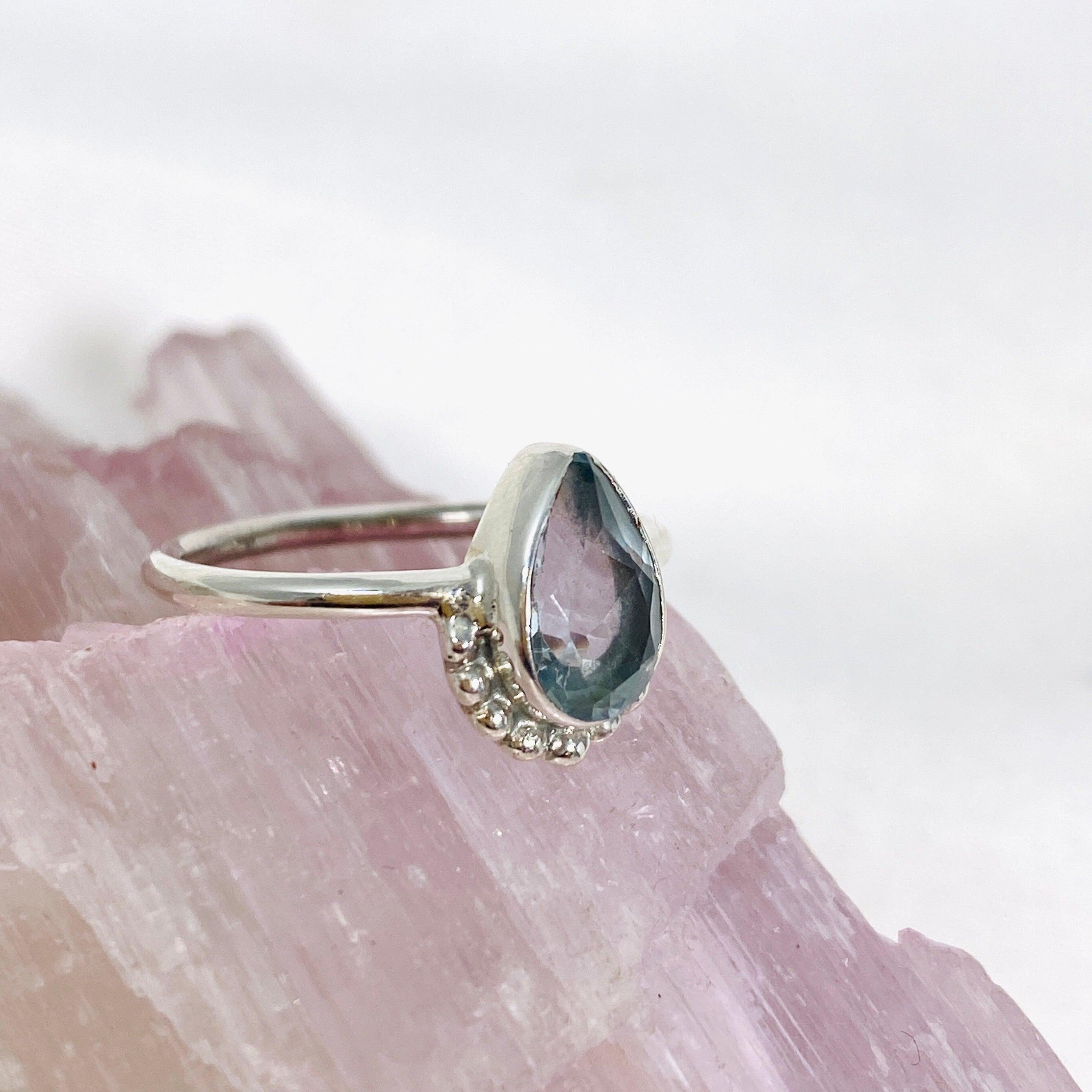 Blue Topaz Teardrop Faceted Fine Band Ring - Sterling Silver 925, Size 7, Dainty Elegant Jewelry for Women - Perfect for Weddings, Anniversaries & Special Occasions