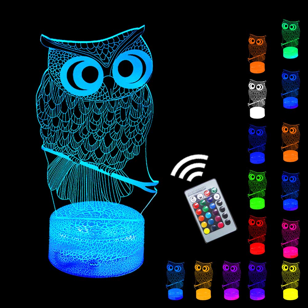 3D Lucky Owl Night Light for Kids - Remote Control 16 Color Changing Desk Lamp, Optical Illusion Night Light for Baby Boys Girls Teens | Perfect for Bedroom Decor, Nursery Room & Christmas Birthday Gifts