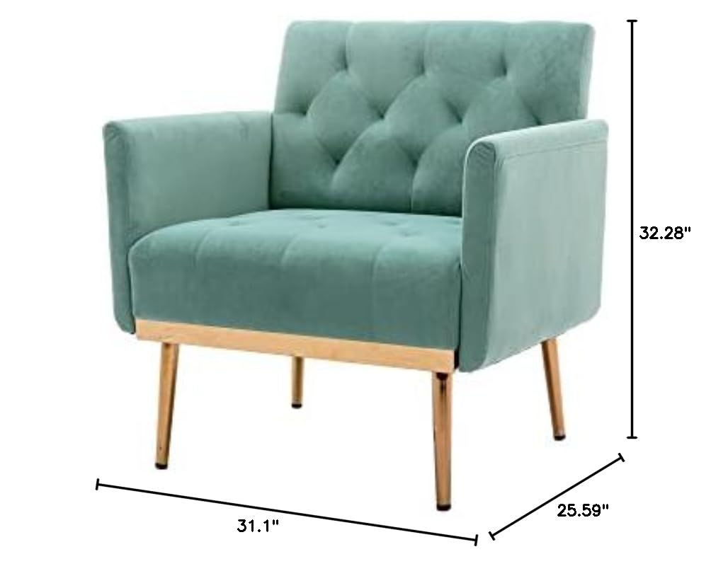 Modern Velvet Accent Chair with Rose Gold Legs - Plush Comfortable Armchair in Mint Green - Perfect for Living Room, Bedroom or Office Decor