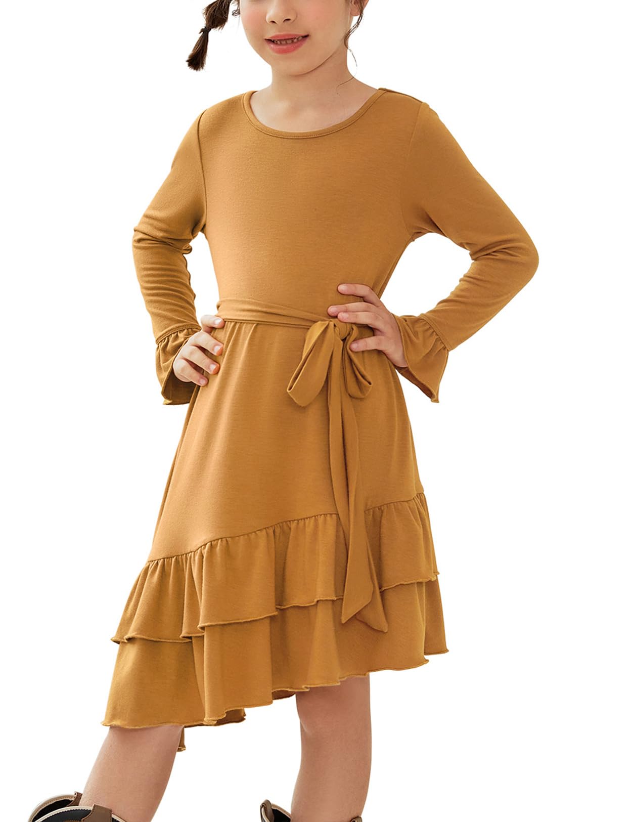 QPANCY Girls Long Sleeve Ruffle Swing Dress with Belt - Round Neck Casual Dresses for Toddler & Kids | Perfect for School, Parties & Family Outings