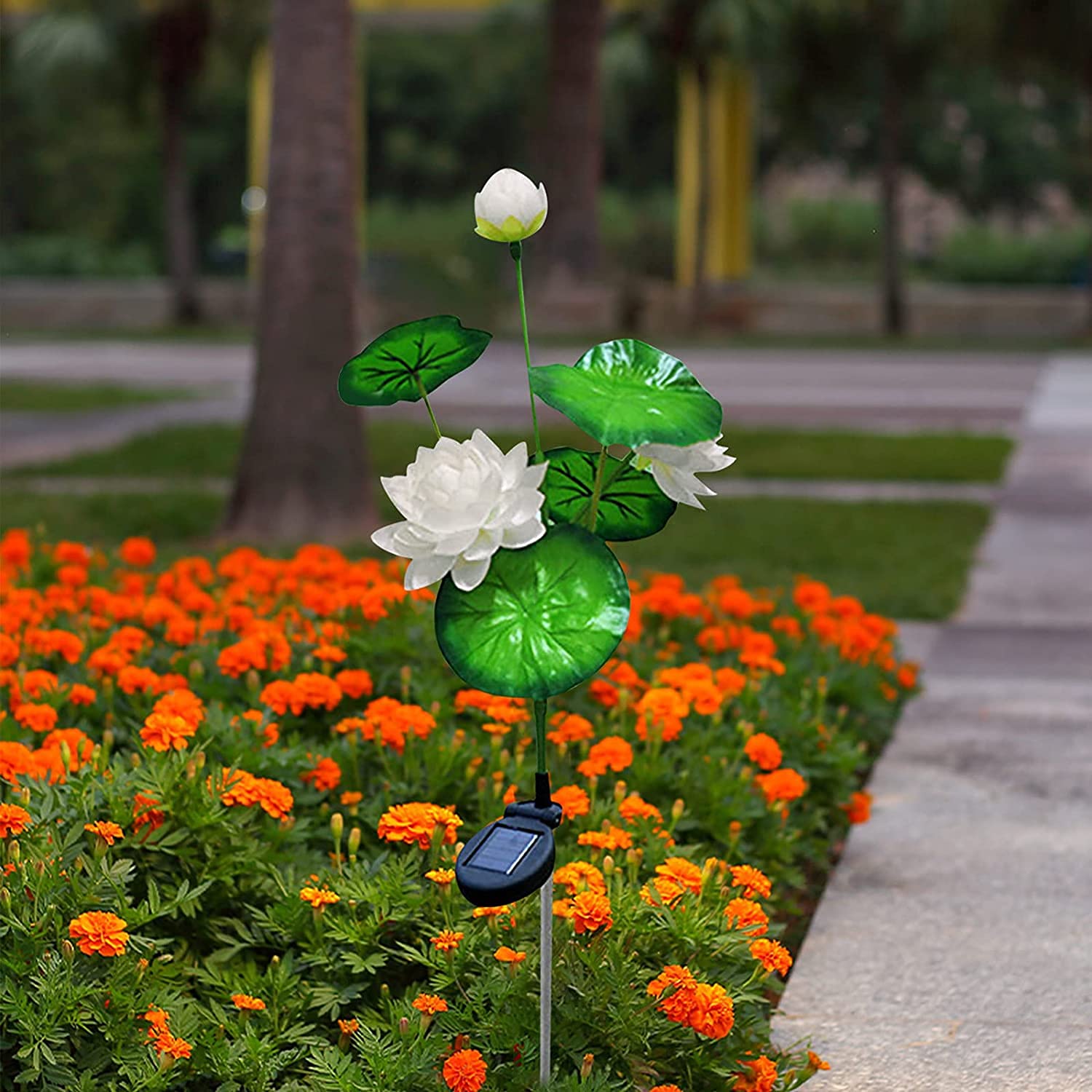 Solar Powered Lotus Flower Garden Lights - 2 Pack Waterproof Outdoor Solar Stake Lights for Yard, Patio, Lawn & Pathway Decoration | Landscape Lighting for Evening Ambience & Garden Parties (White)