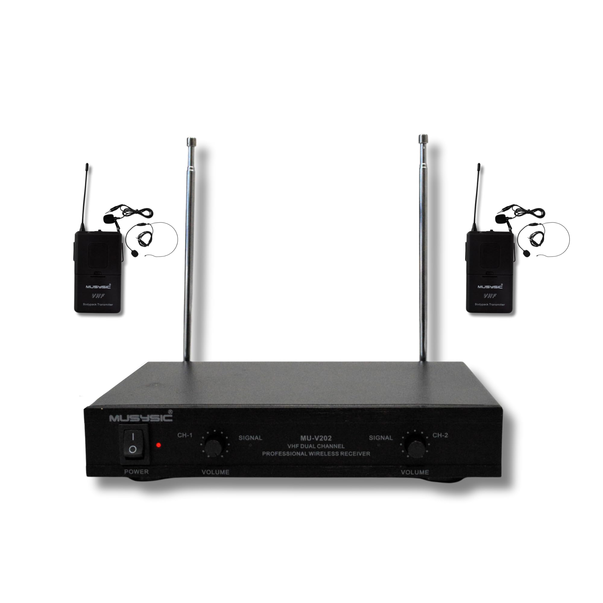 Musysic Wireless Microphone System - VHF Lapel Lavalier Headset with Transmitter & Receiver, 2-Channel SM Technology, 1/4