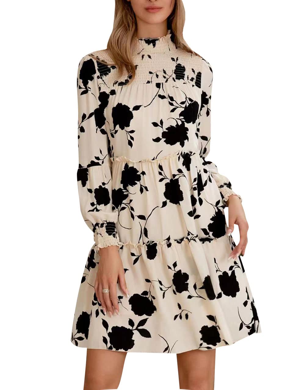 Paintcolors Women's High Neck Floral Print Ruffle Dress - Long Sleeve Babydoll Mini Dress for Party, Date Night & Special Occasions | Elegant Spring Summer Outfit