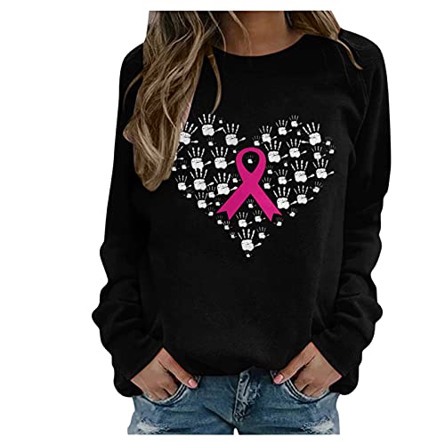 RusKVT Women's Breast Cancer Awareness T-Shirt - Pink Ribbon Graphic Tunic Crewneck Pullover Sweatshirt - Trendy Fall Fashion Top - Black XX-Large - Perfect for Fundraising Events & Casual Wear