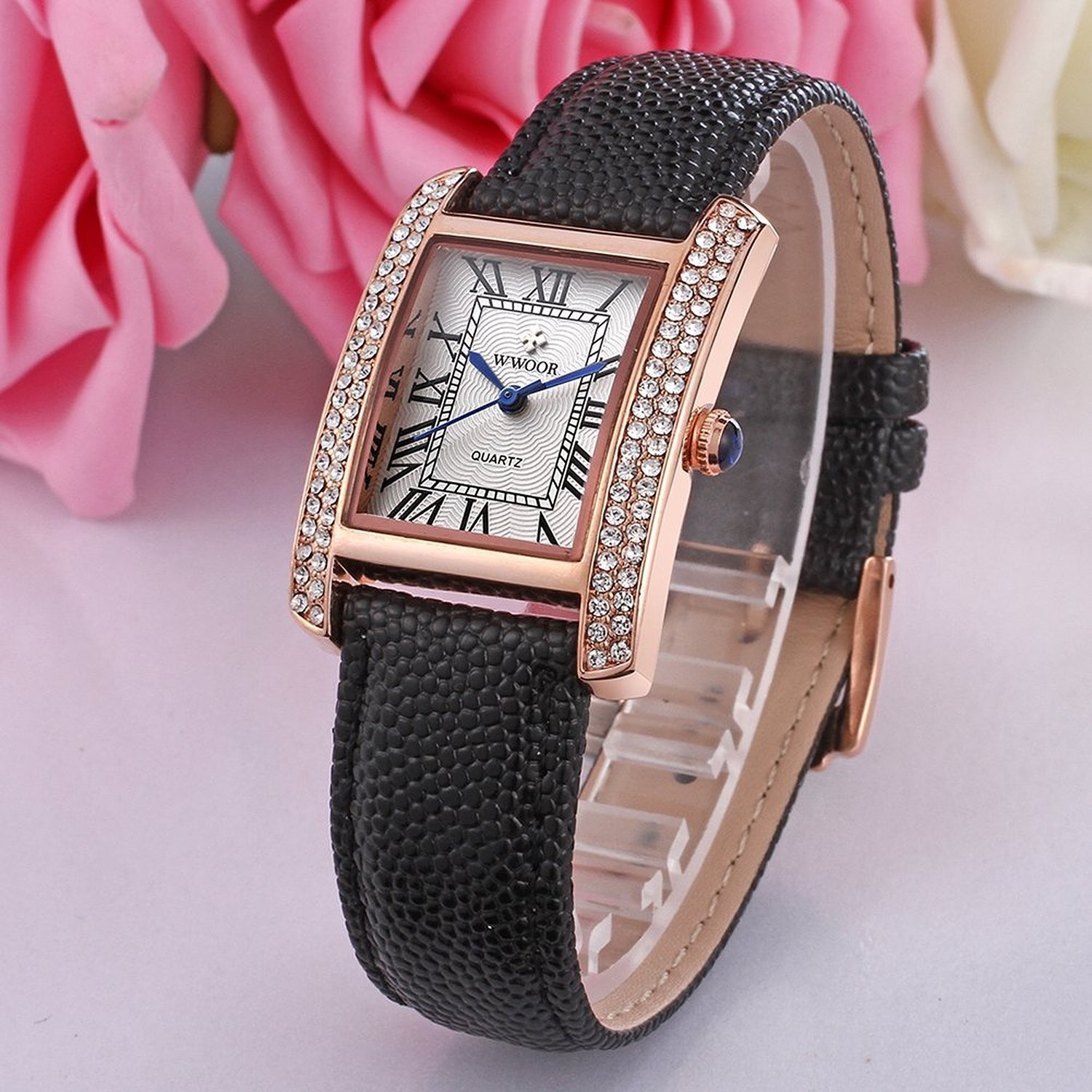Carlien Luxury Square Dress Watch for Women - Roman Dial, Diamond Accents, Genuine Leather Strap - Elegant Quartz Wristwatch for Office, Party & Special Occasions