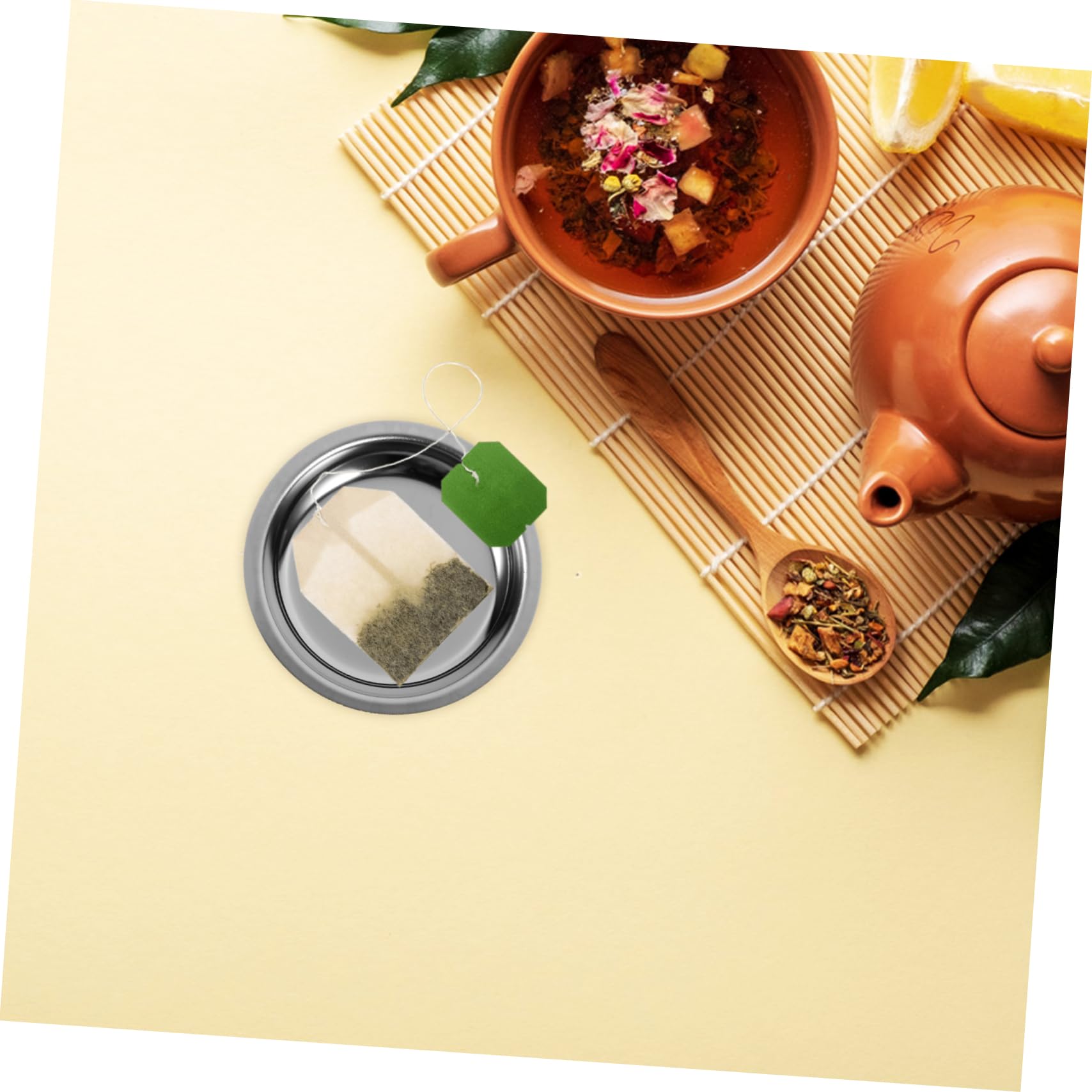 KICHOUSE Stainless Steel Tea Bag Holder & Coaster Set - Round Metal Tea Tray for Tea Bags & Coffee Accessories - Perfect for Afternoon Tea, Office Break, or Coffee Shop Use
