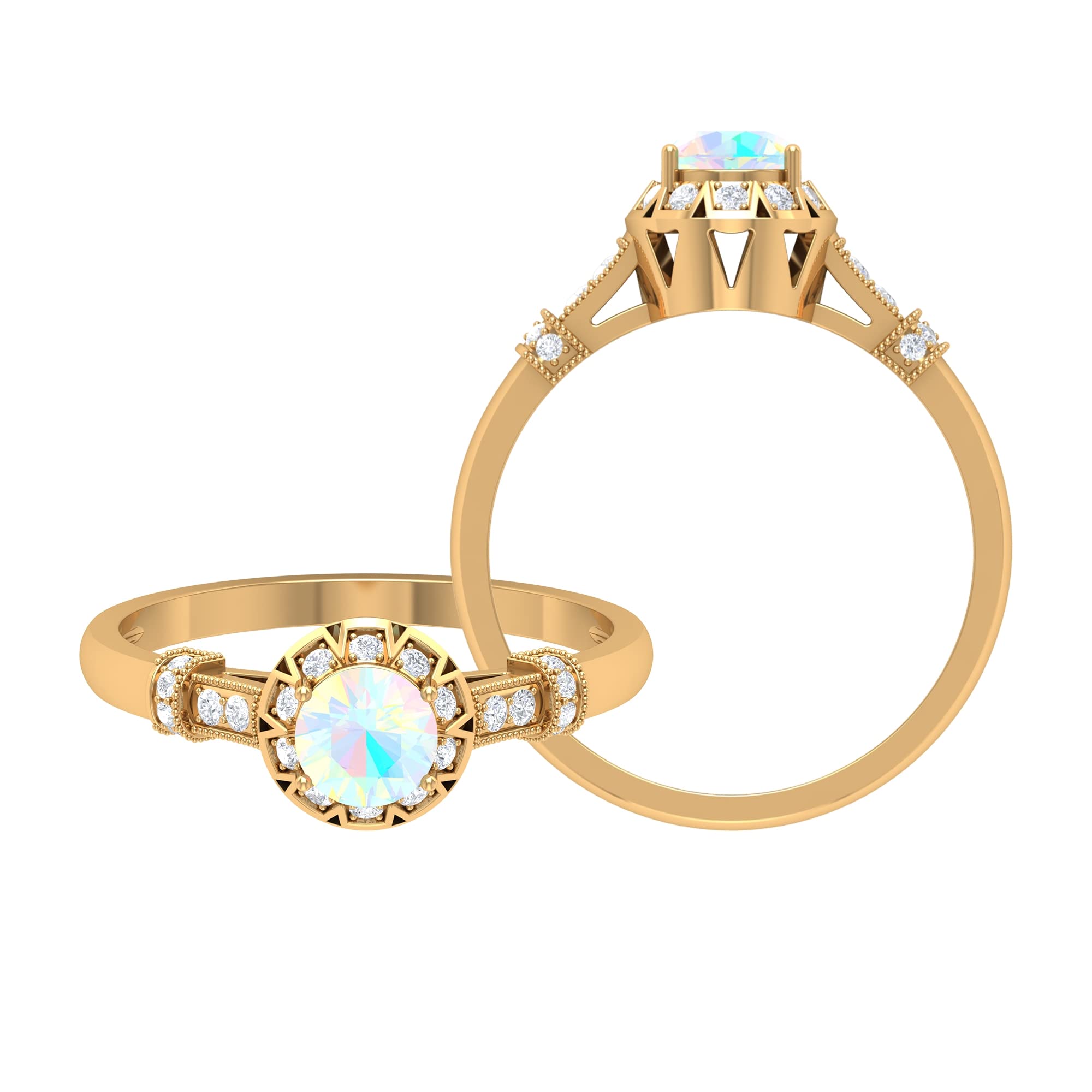 Ethiopian Opal Engagement Ring 14K Solid Gold with Diamond Halo - 5MM Round Cut Vintage Style Jewelry for Weddings, Anniversaries & Special Occasions
