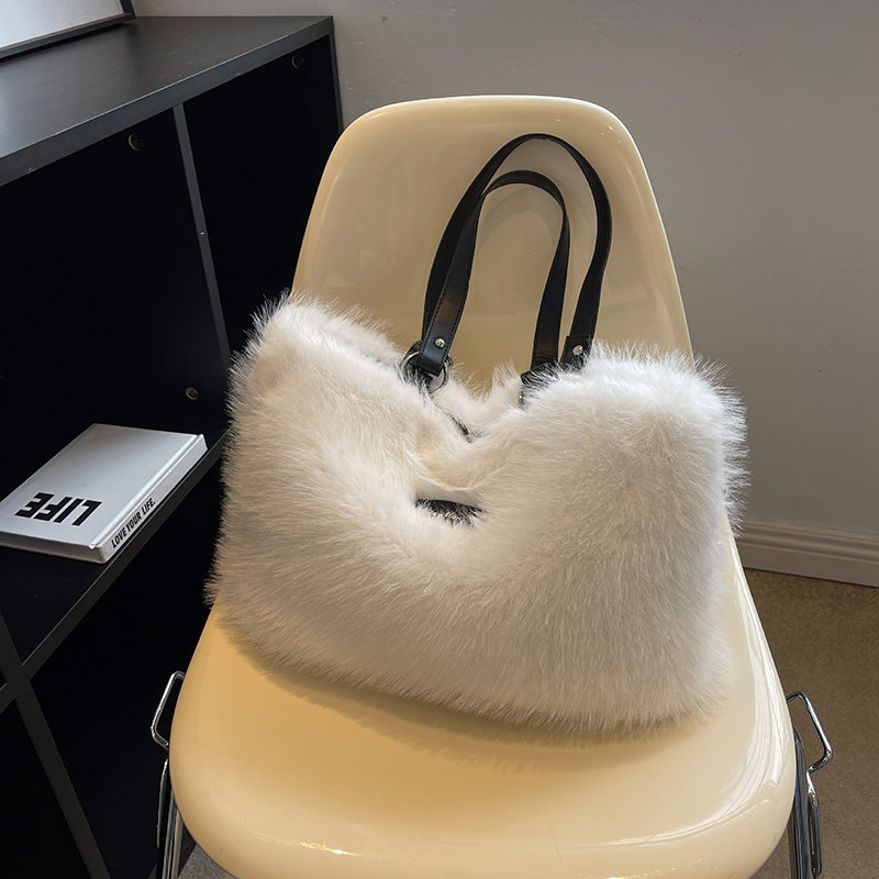Women's Winter Plush Flower Shoulder Bag - Elegant Handbag for Casual Outings, Shopping & Travel