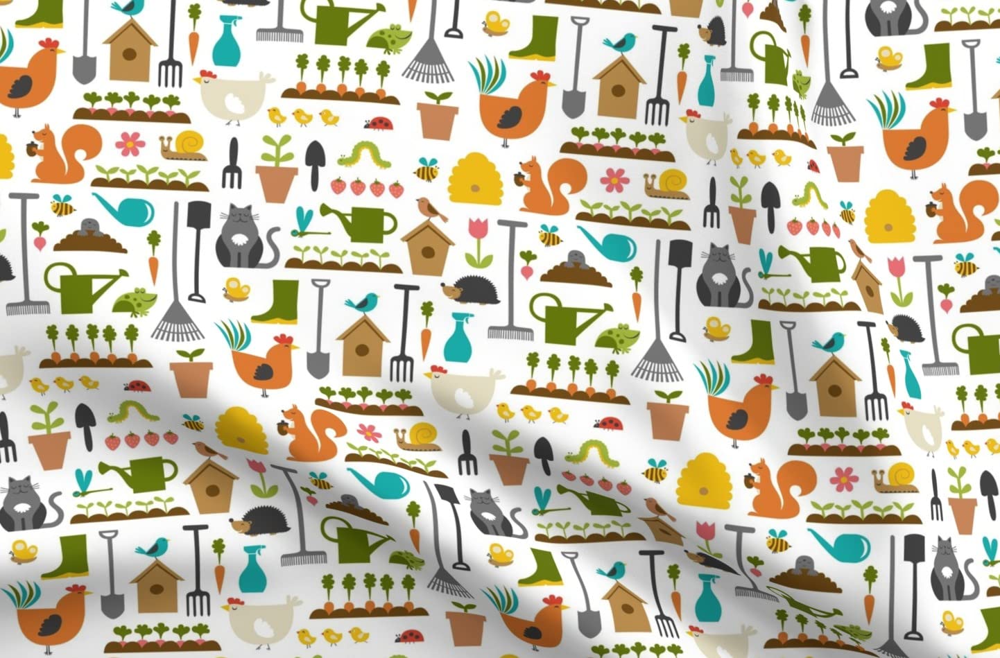 Premium Spoonflower Fabric - Gardening Tools & Spring Farm Chicken Print on Petal Signature Cotton - Fat Quarter for Sewing, Quilting, Apparel & Home Decor | Perfect for DIY Crafts, Farmhouse Decor & Spring Gardening Projects