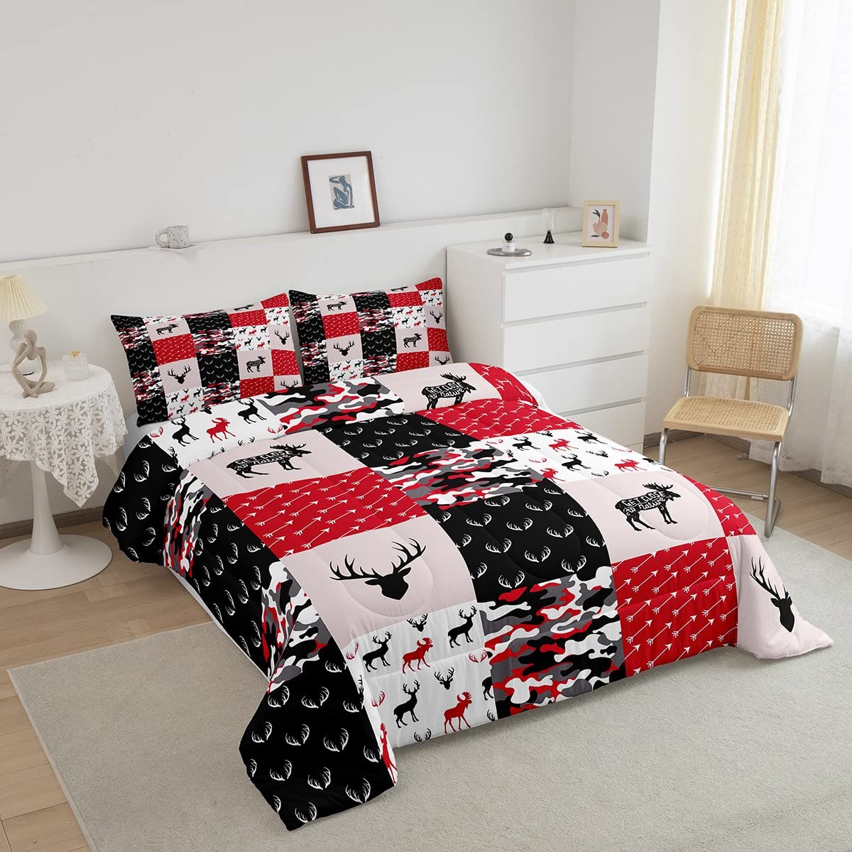 **Erosebridal Boys Camo Comforter Set - Deer Silhouette Bedding for Kids, Teens & Adults | Black White Red Camouflage Quilted Comforter with Antlers Grid Checkered Design & 2 Pillowcases | Cozy Bedroom Decor for Boys, Hunting & Outdoor Theme Rooms**