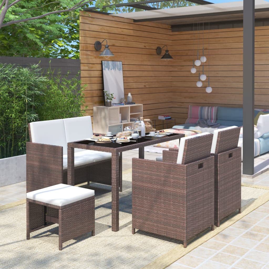 6-Piece Brown Poly Rattan Outdoor Dining Set with Cushions - Perfect for Patio, Garden, and Backyard Entertaining