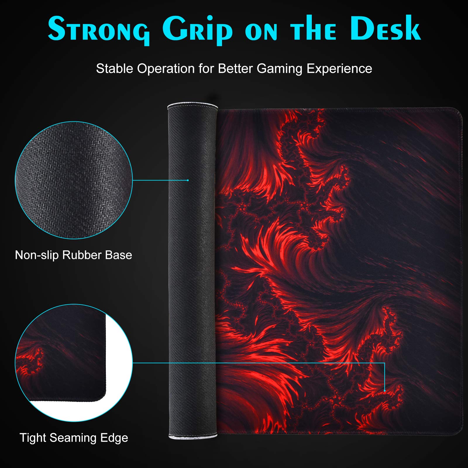 Large Gaming Mouse Pad 31.5×15.75 Inches - Non-Slip Extended Keyboard Mouse Mat with Flame Pattern (Black Red) for PC, Laptop, Office & Esports Gaming