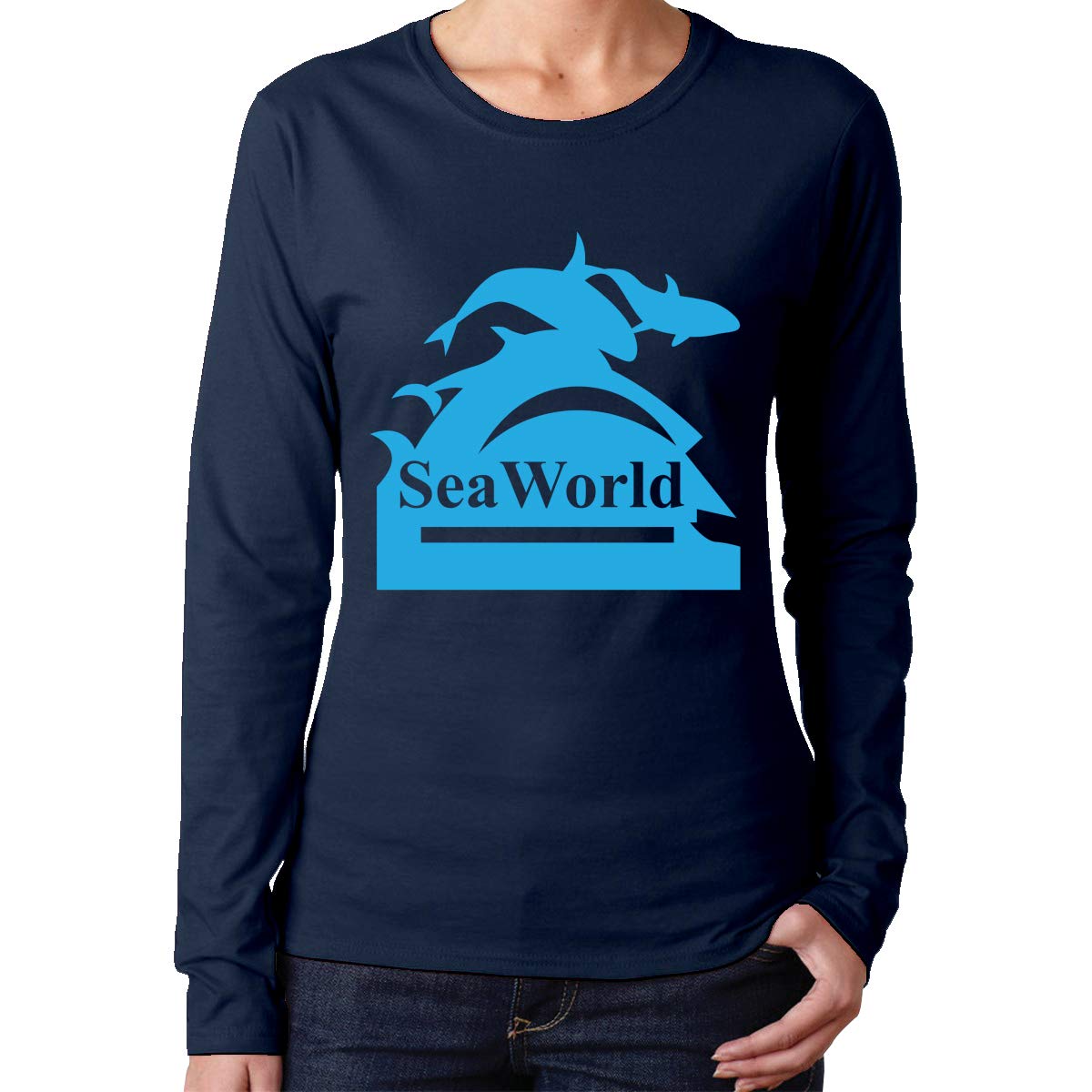 Seaworld Logo Women's Long Sleeve Crew Neck T-Shirt - Navy Blue Casual Top for Theme Park Visits & Everyday Wear