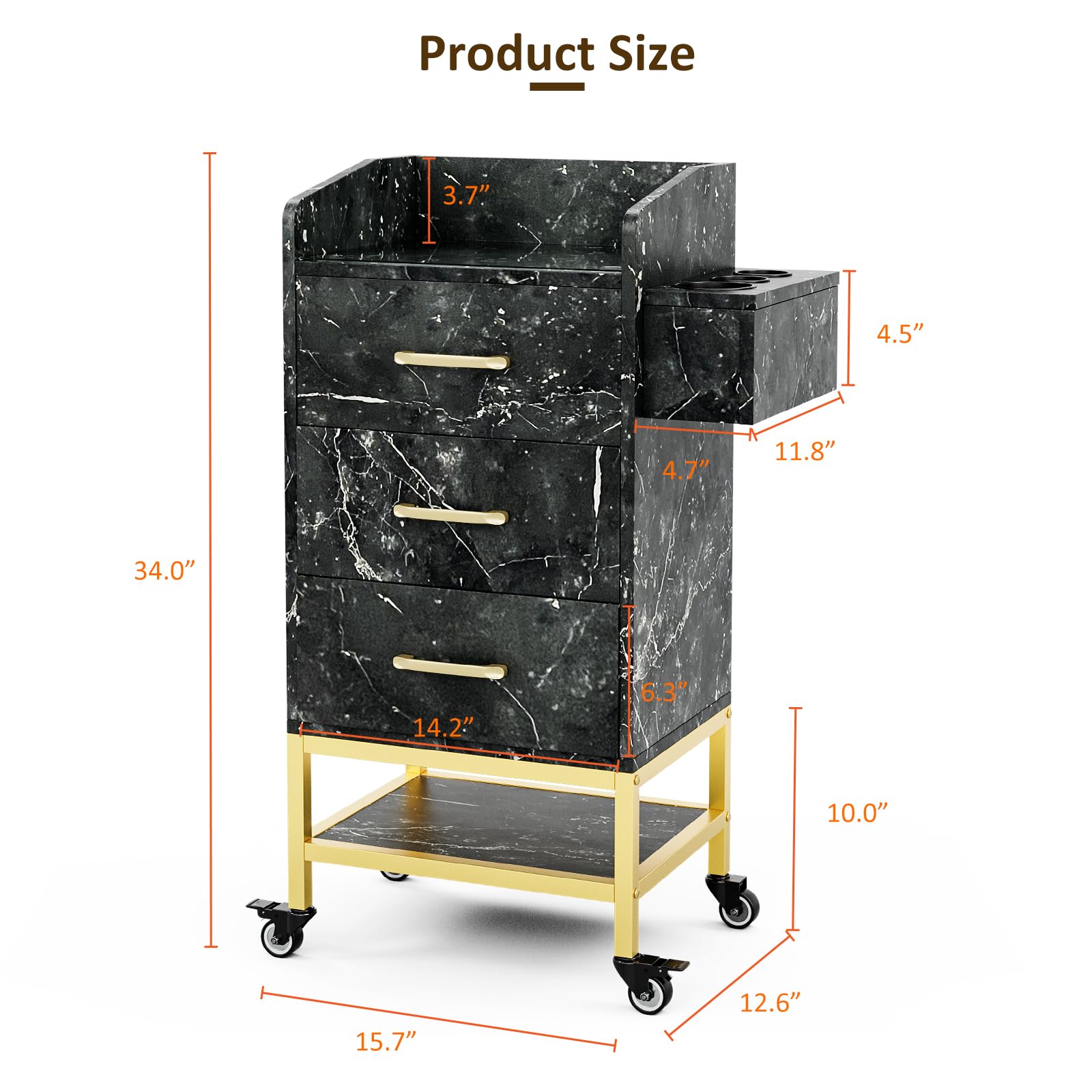 Professional Beauty Salon Storage Trolley Cart with Lockable Wheels - Black Marble Glass Top Hair Stylist Station Cabinet with Drawers - Ideal for Salon Organization, Barber Shop Furniture & Mobile Styling Workstations