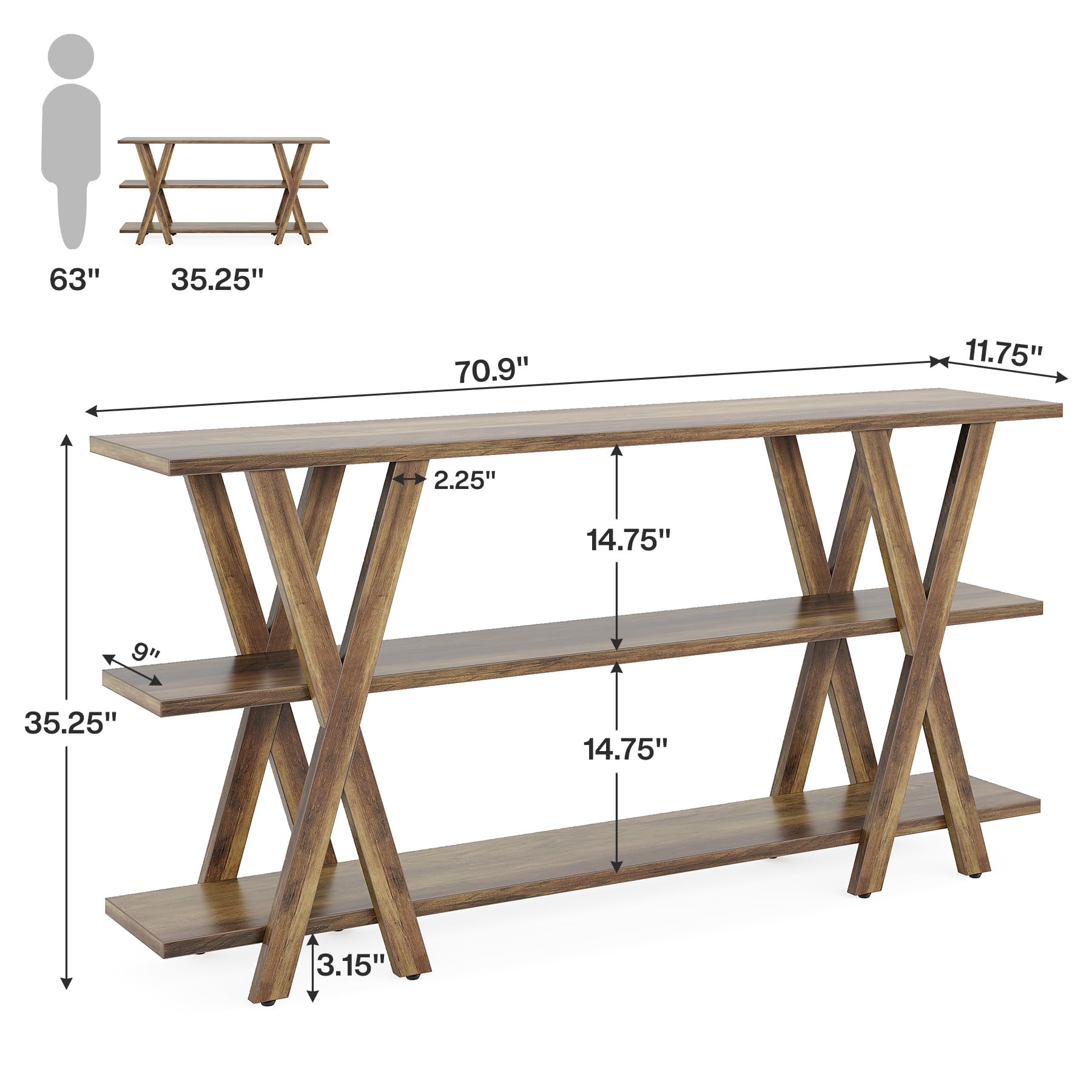 Tribesigns 70-Inch Wooden Console Table with 3-Tier Storage Shelves - Rustic Brown Farmhouse Sofa Table for Entryway, Living Room, Foyer & Hallway - Perfect for Home Decor, Storage & Displaying Decorations