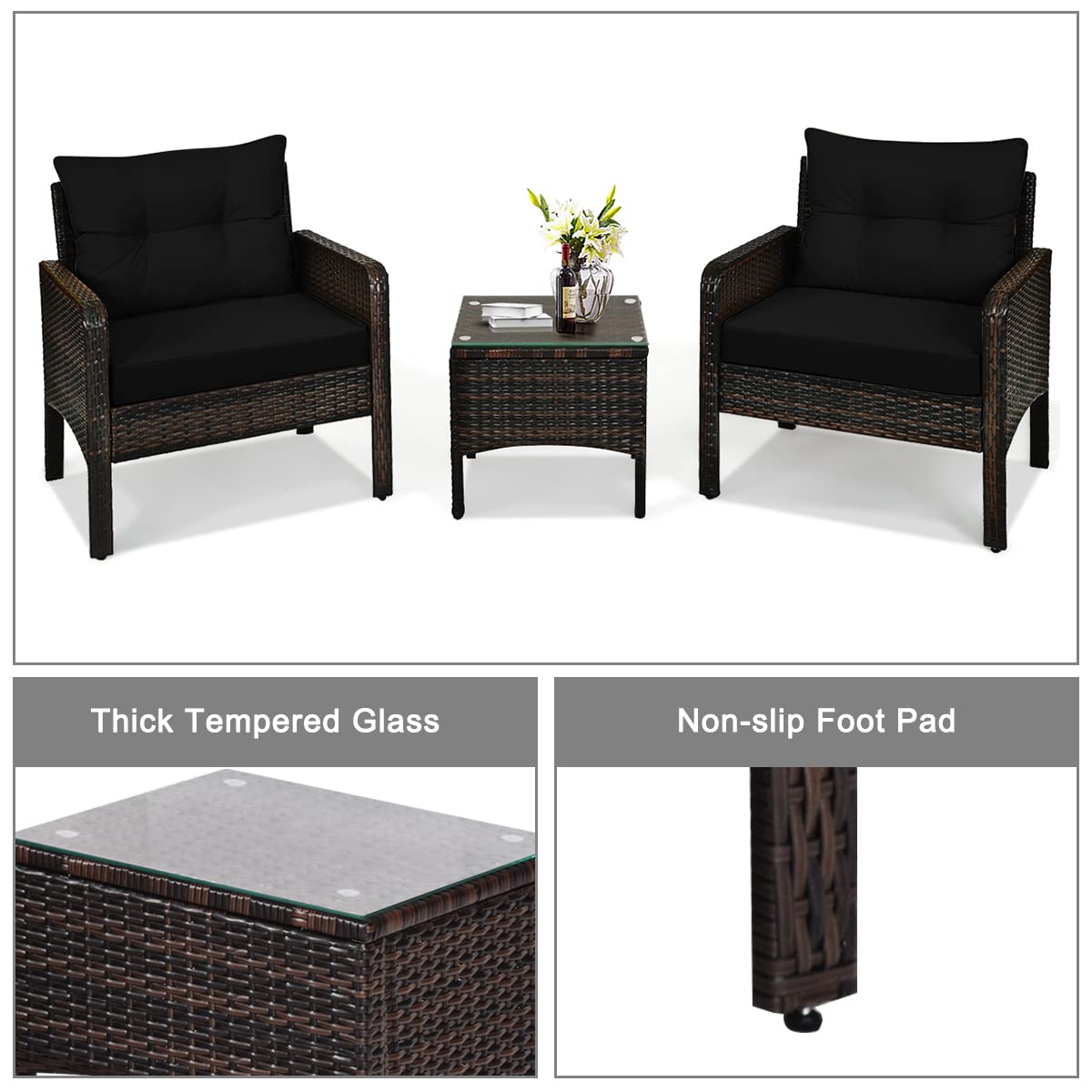 HappyGrill 3-Piece Patio Conversation Set - Outdoor Rattan Wicker Furniture with Coffee Table & Chairs - Perfect for Garden, Balcony, Backyard & Poolside Relaxation