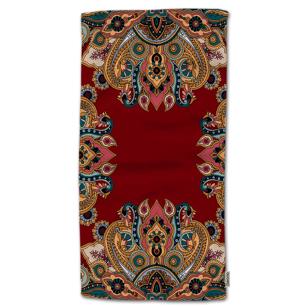 Swono Paisley Pattern Hand Towels - Traditional Oriental Geometric Design on Dark Red Background - 30
