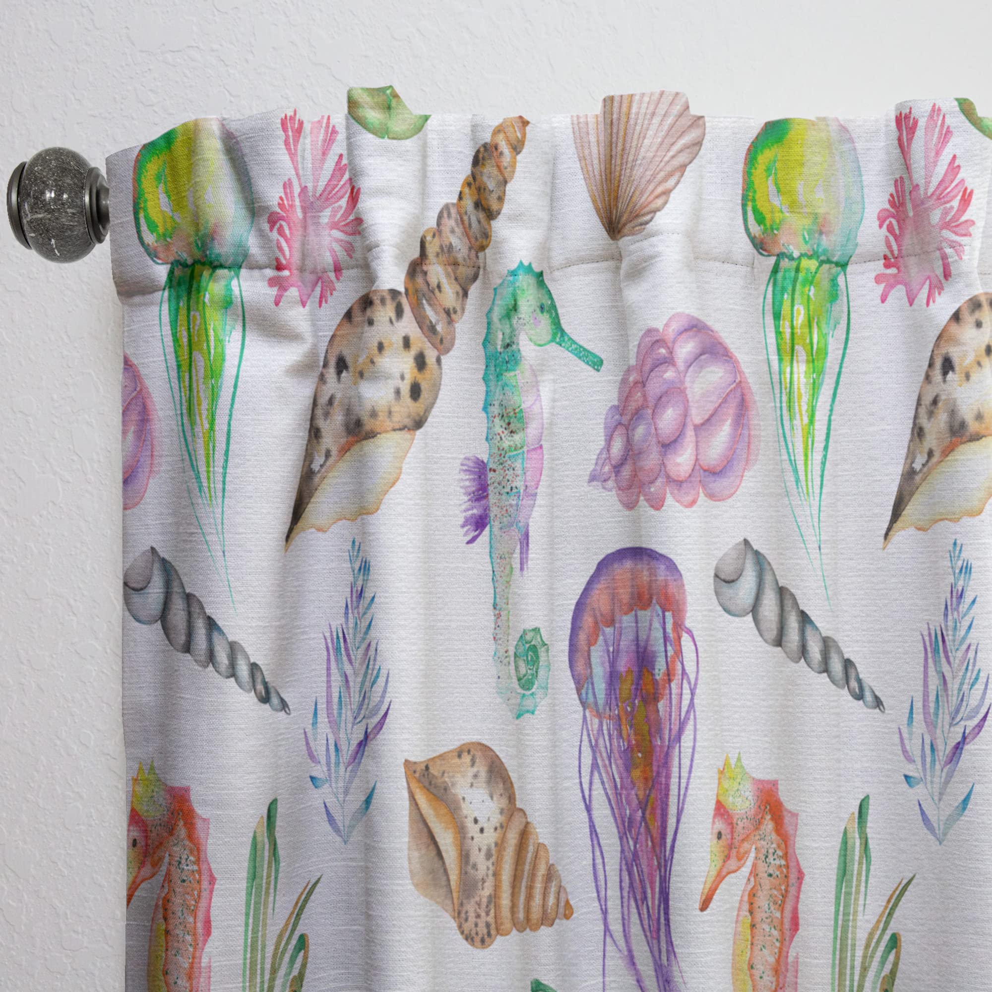 DesignQ Thermal Insulated Blackout Curtains - Seahorses Jellyfish Shells & Seaweed Ocean Theme - 52x63 Inch Single Panel for Bedroom & Living Room - Perfect for Coastal Decor, Kids Room & Beach House Style