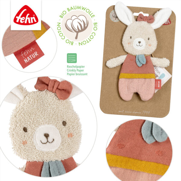 FehnNATUR Crinkle Hare Sensory Toy - Soft Baby Teething Toy for Infants & Toddlers - Perfect for Soothing Gums & Sensory Play