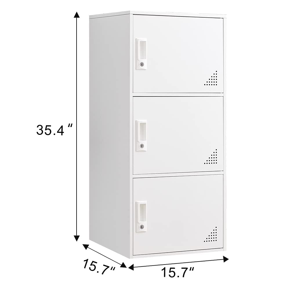 3-Door Metal Locker - Heavy Duty Steel Storage Cabinet with Lock | Secure Vertical Organizer for Office, School, Home & Gym | White Employee Storage Locker for Clothes, Books & Personal Items